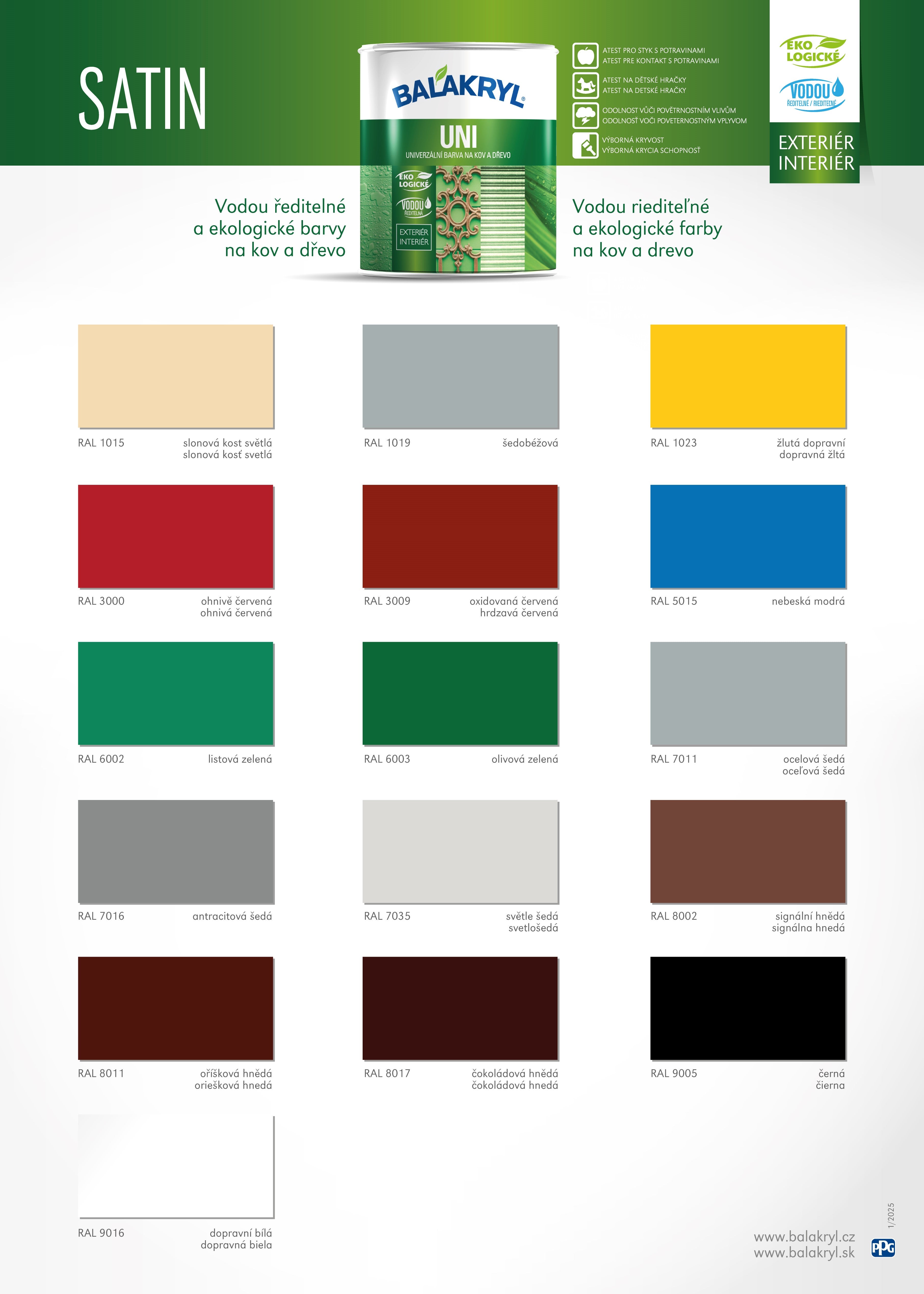 BALAKRYL UNI SATIN vodou riediteľná ekologická farba na drevo a kov vzorkovník