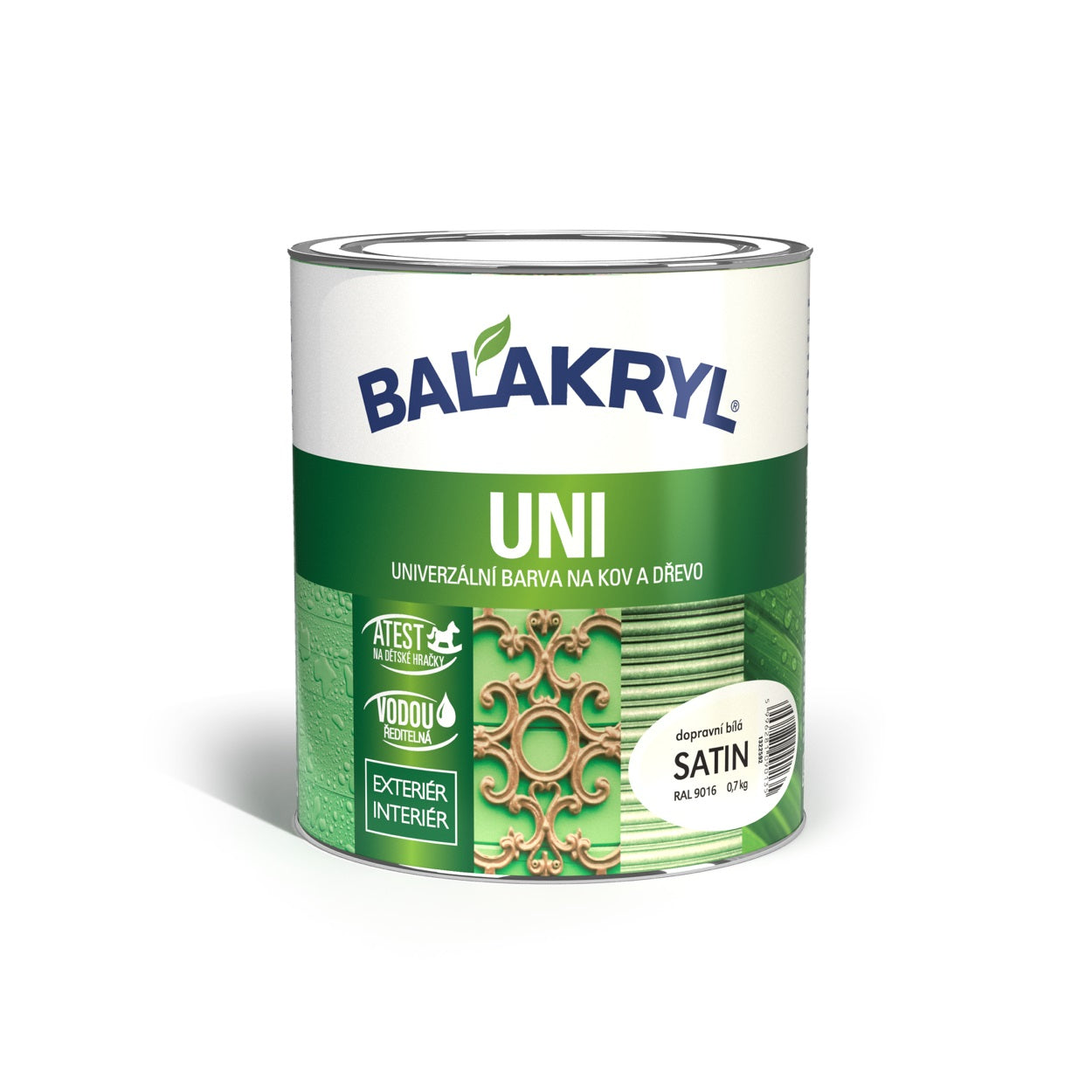 BALAKRYL UNI SATIN vodou riediteľná ekologická farba na drevo a kov dopravná biela 0,7 kg