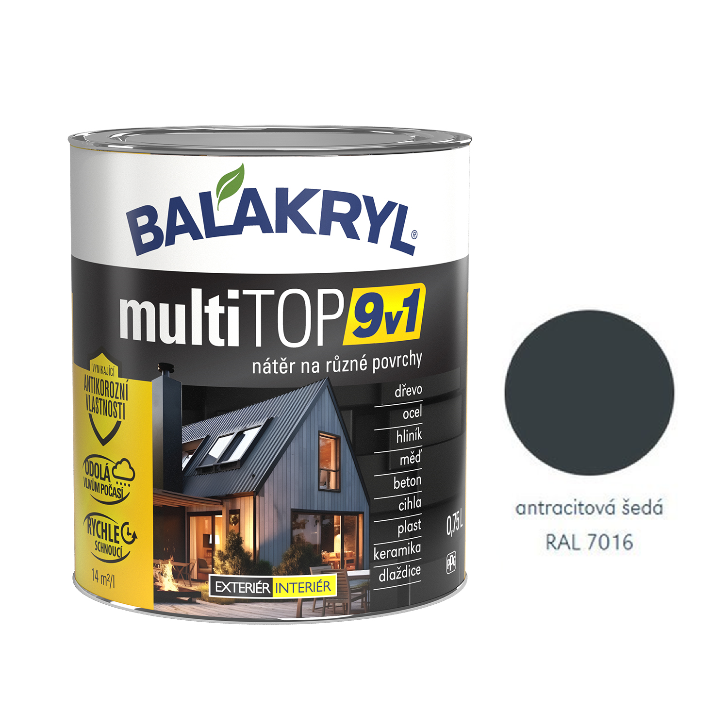 BALAKRYL multiTOP 9v1 rýchloschnúca antikorózna farba pre rôzne povrchy - antracitová šedá