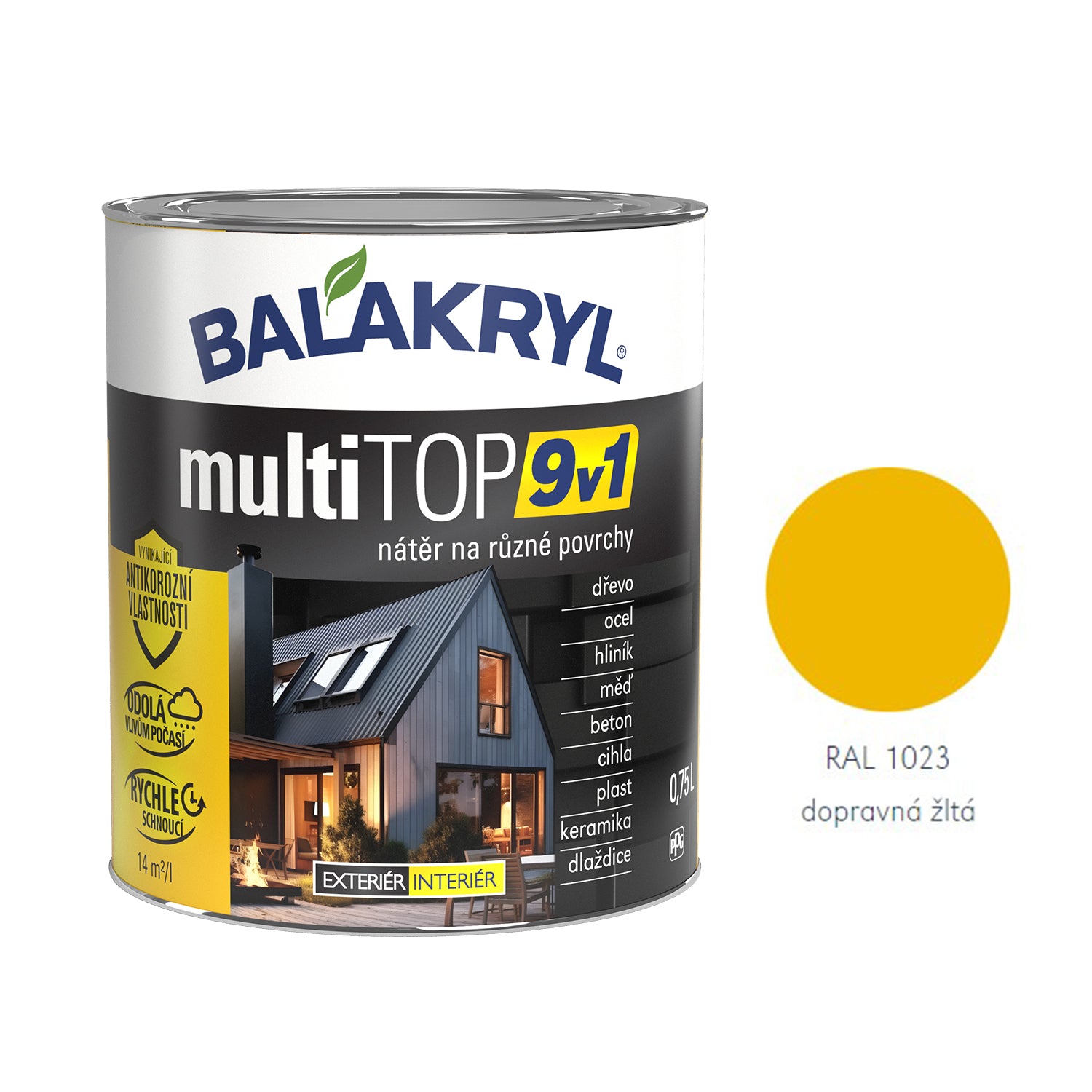 BALAKRYL multiTOP 9v1 rýchloschnúca antikorózna farba pre rôzne povrchy - dopravná žltá