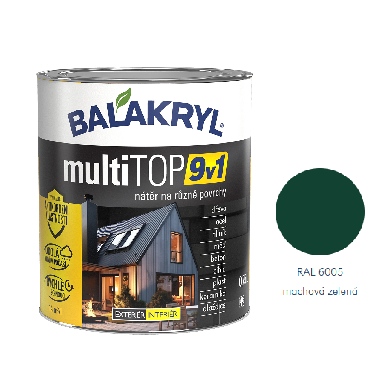 BALAKRYL multiTOP 9v1 rýchloschnúca antikorózna farba pre rôzne povrchy - mechová zelená