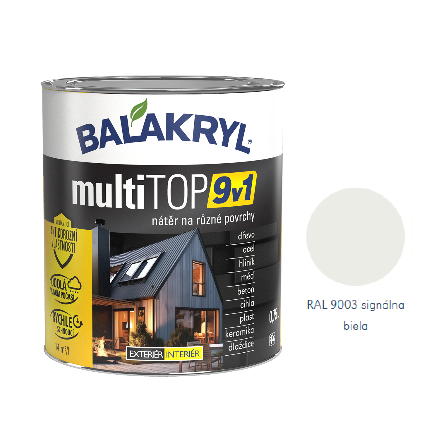 BALAKRYL multiTOP 9v1 rýchloschnúca antikorózna farba pre rôzne povrchy - signálna biela