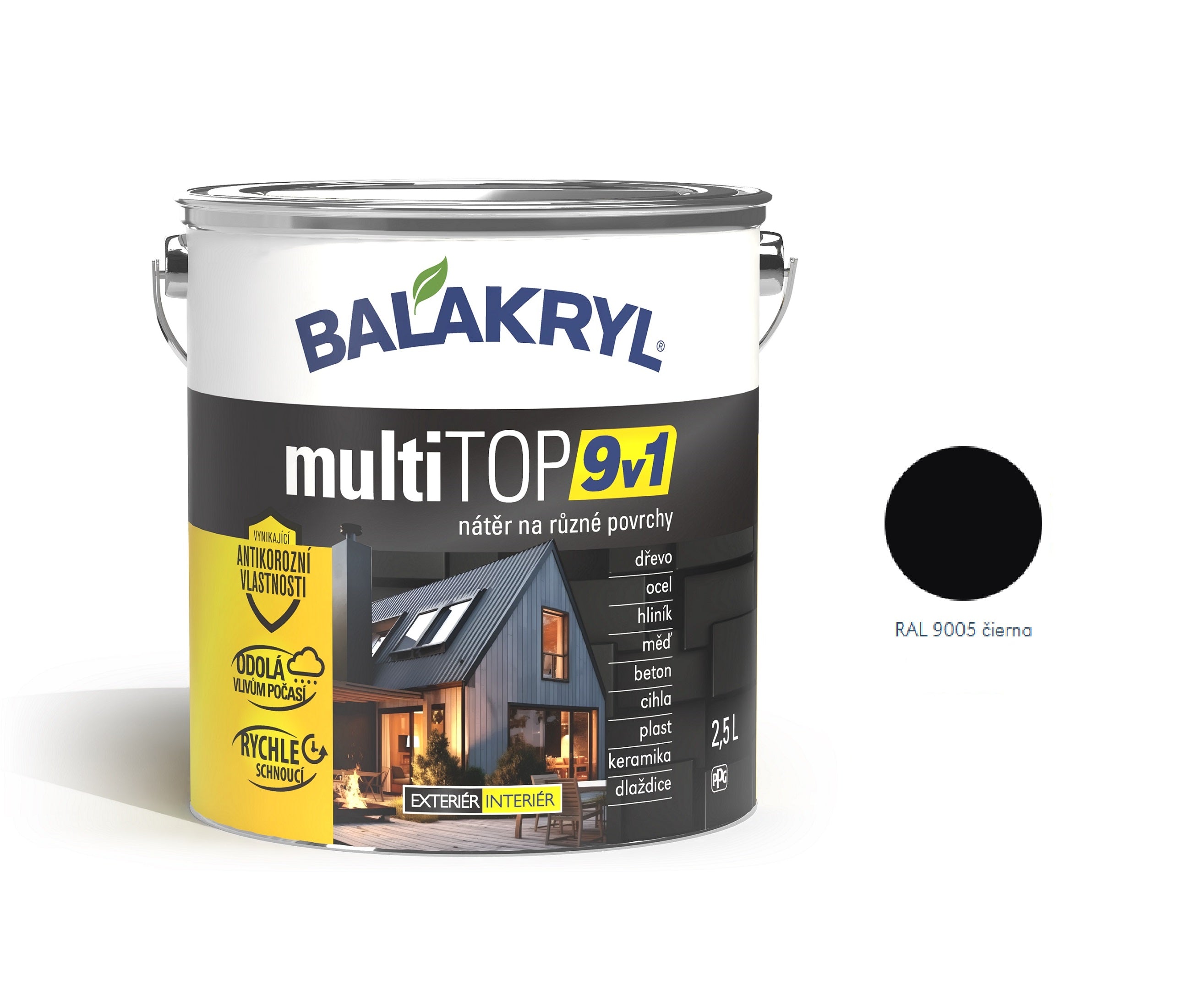 BALAKRYL multiTOP 9v1 rýchloschnúca antikorózna farba pre rôzne povrchy čierna 2,5 l