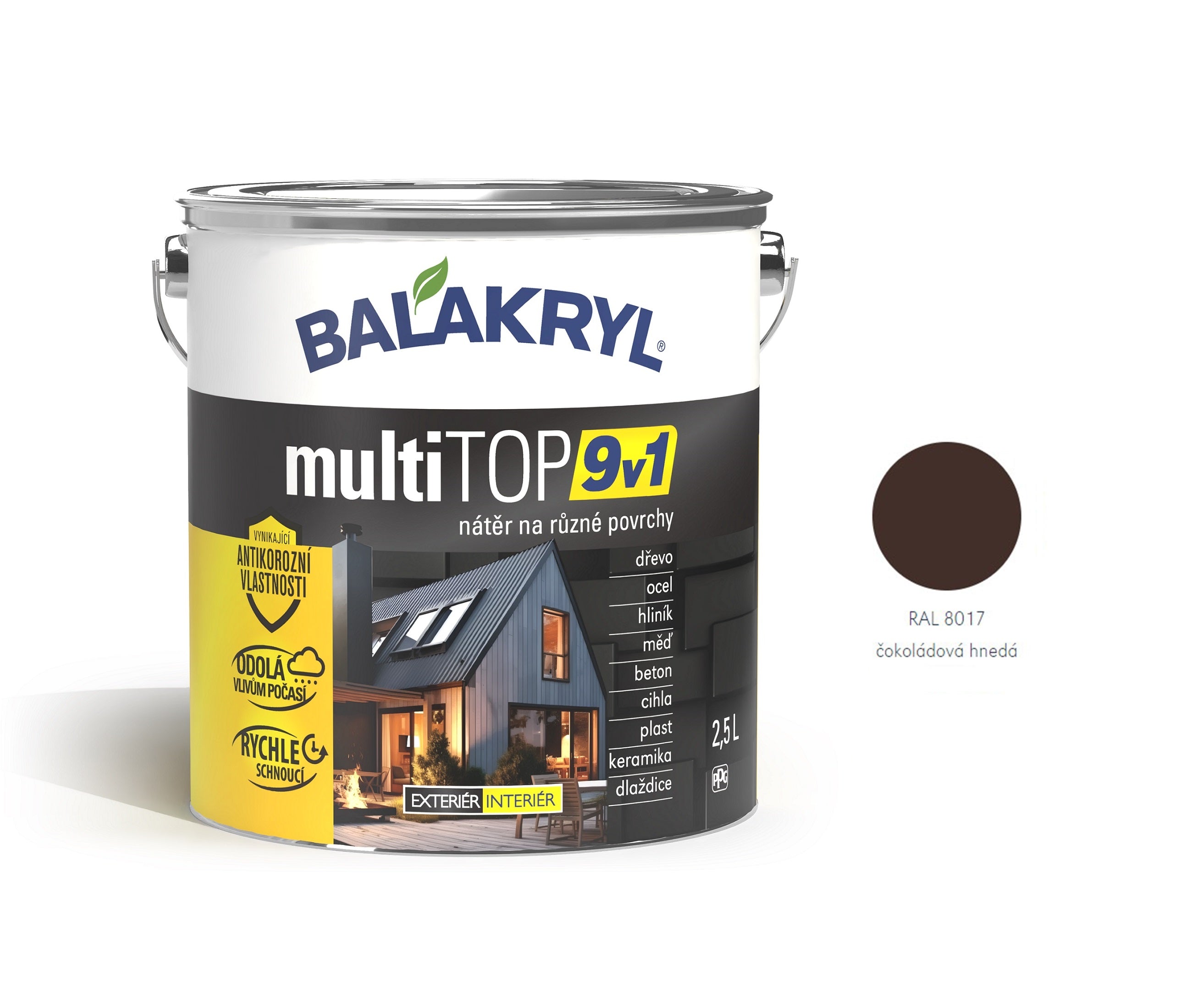 BALAKRYL multiTOP 9v1 rýchloschnúca antikorózna farba pre rôzne povrchy čokoládová hnedá 2,5 l