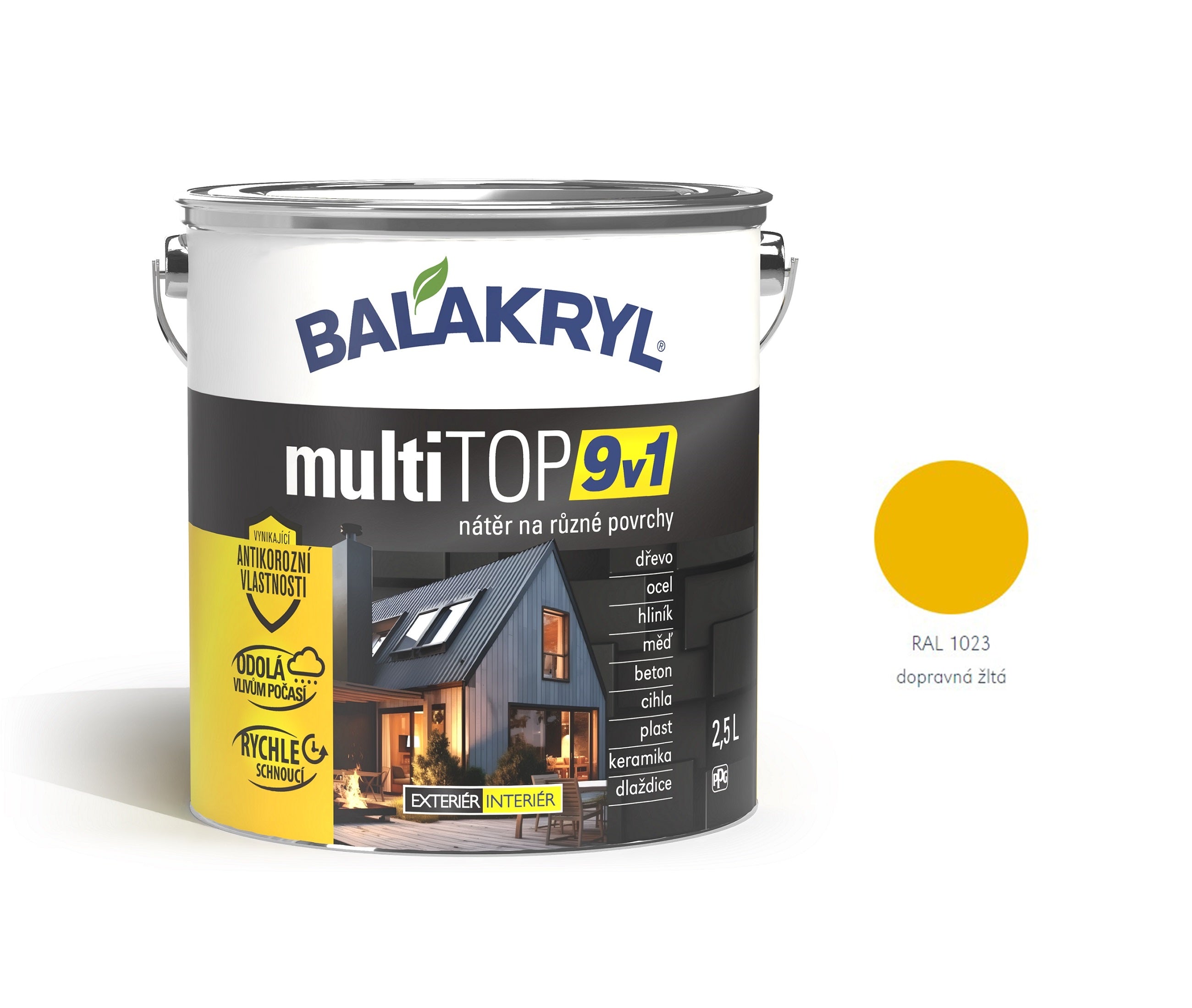 BALAKRYL multiTOP 9v1 rýchloschnúca antikorózna farba pre rôzne povrchy dopravná žltá 2,5 l