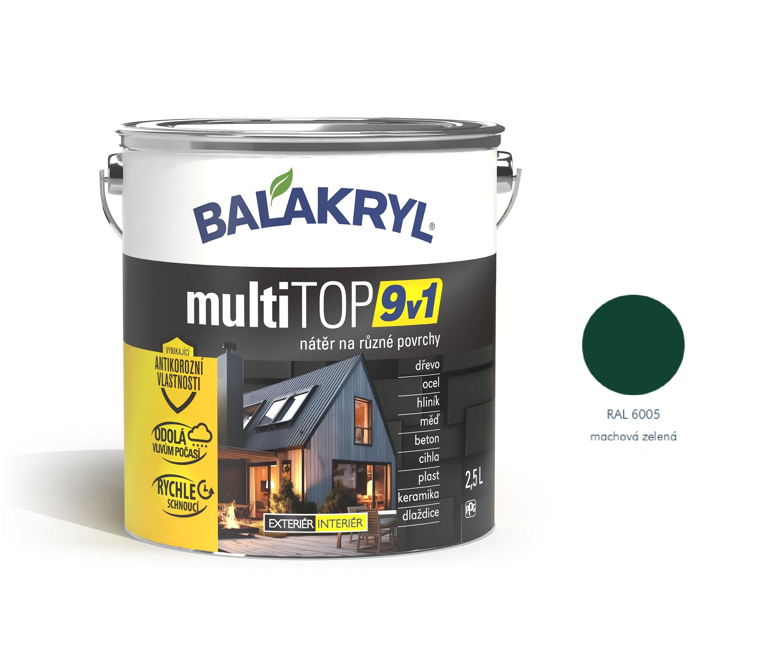 BALAKRYL multiTOP 9v1 rýchloschnúca antikorózna farba pre rôzne povrchy machová zelená 2,5 l