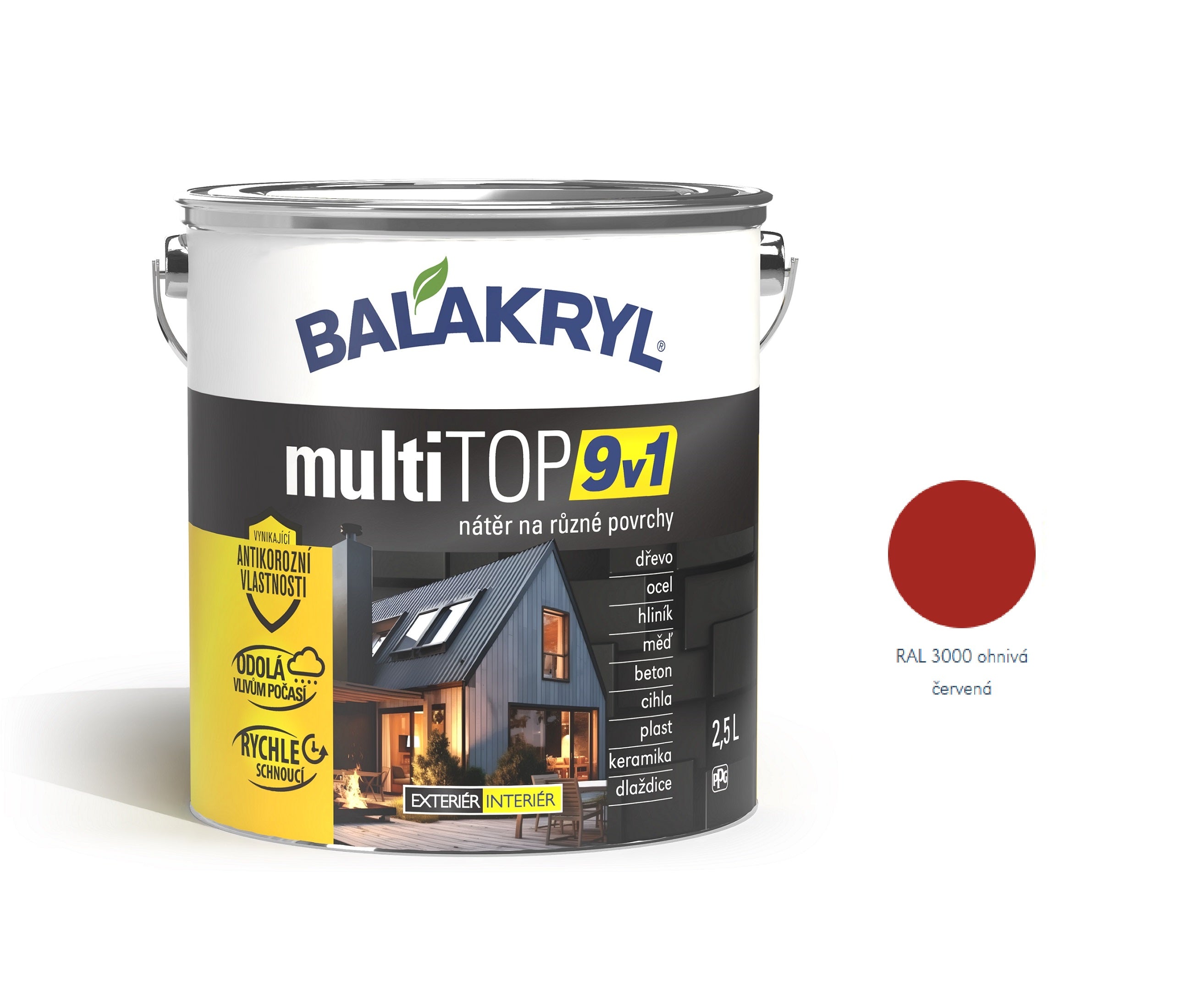 BALAKRYL multiTOP 9v1 rýchloschnúca antikorózna farba pre rôzne povrchy ohnivá červená 2,5 l