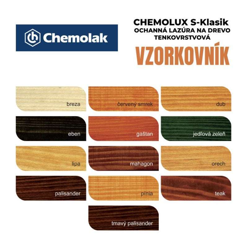 Chemolak CHEMOLUX S-KLASIK S 1040 Ochranná tenkovrstvá lazúra na drevo - vzorkovník