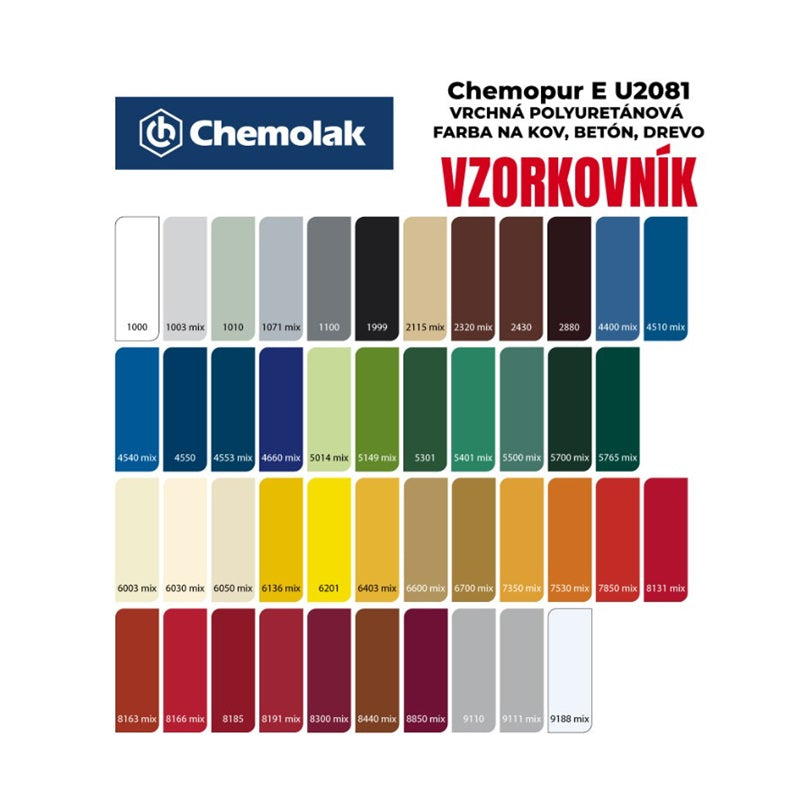 Chemolak CHEMOPUR E U 2081 Vrchná polyuretánová dvojzložková lesklá farba na kov vzorkovník