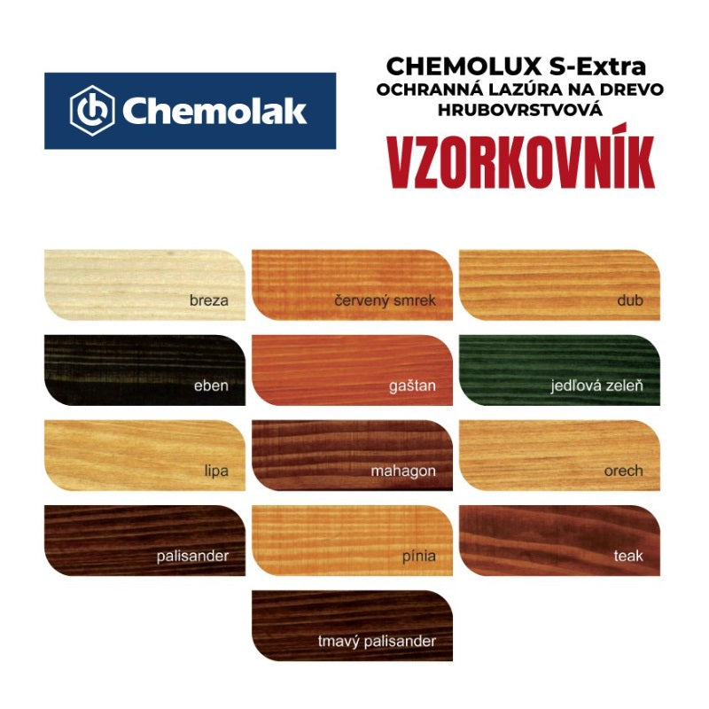 Chemolak CHEMOLUX S-EXTRA S 1025 Ochranná hrubovrstvá lesklá lazúra na drevo - vzorkovník
