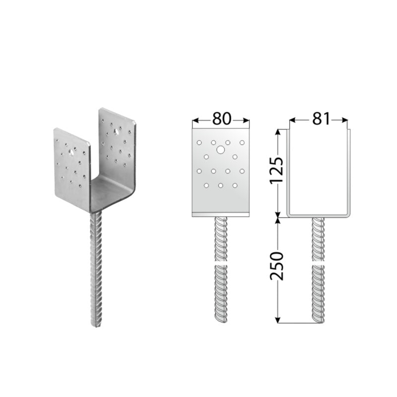 DOMAX PSS zapustená pätka stĺpika typu U 80 technický nákres
