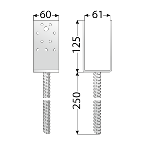 DOMAX PSS zapustená pätka stĺpika typu U 60 technický nákres