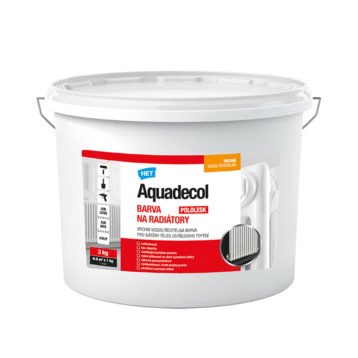 HET Aquadecol FARBA NA RADIÁTORY biela vrchná vodou riediteľná farba 3 kg