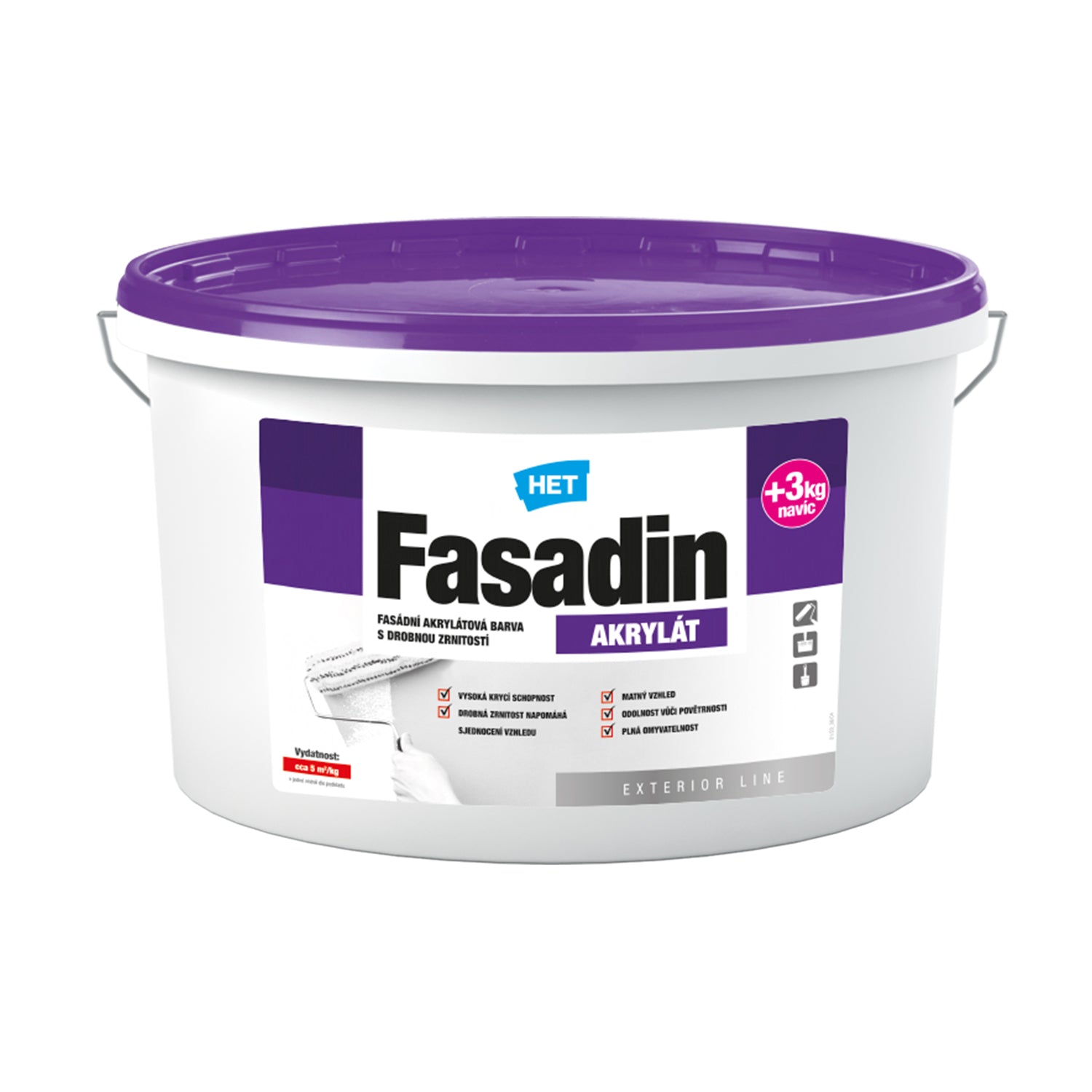 HET Fasadin biela umývateľná akrylátová fasádna farba s drobným zrnom 15 + 3 kg zdarma