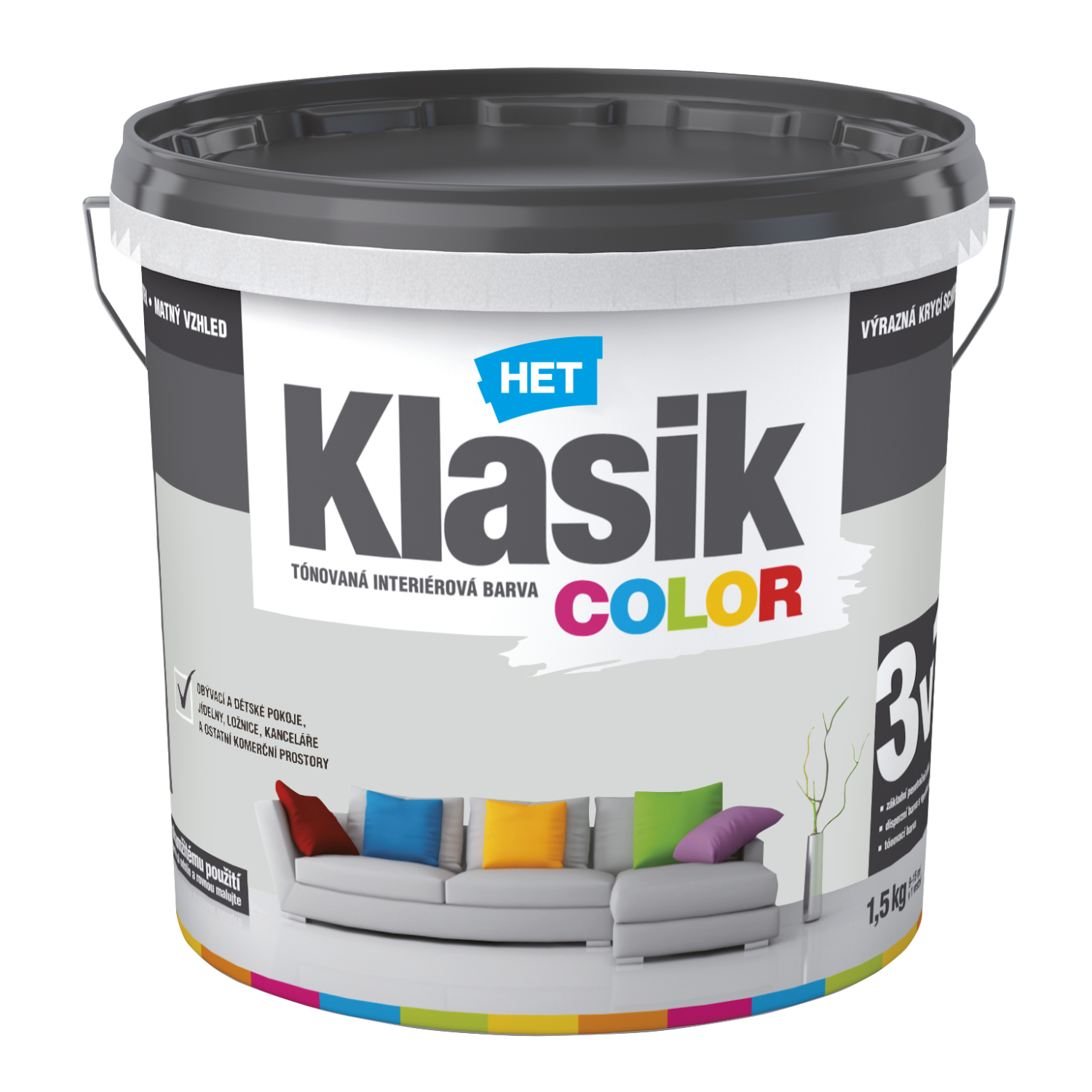HET Klasik COLOR tónovaná interiérová akrylátová disperzná farba na stenu 1,5 kg, KC0117 - šedý platinový