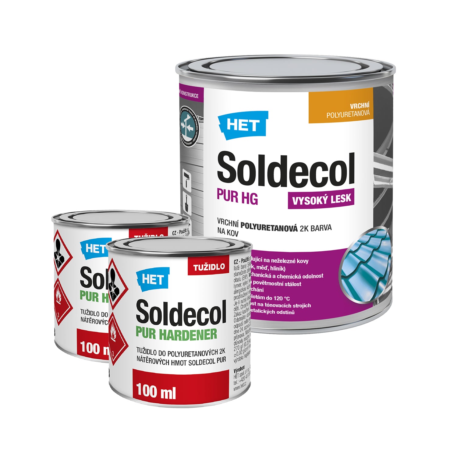 HET Soldecol PUR HG biela rýchloschnúca polyuretánová farba na kov - 0,95 l (0,75 l + 2 x 100 ml tužidlo)