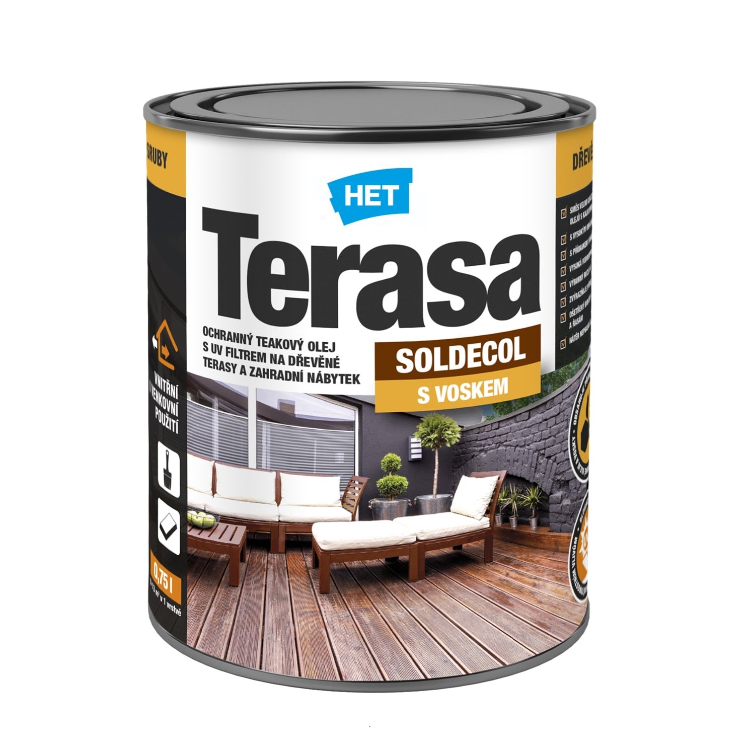 HET SOLDECOL Terasa teakový voskový olej na záhradný nábytok a terasové dosky 0,75 l