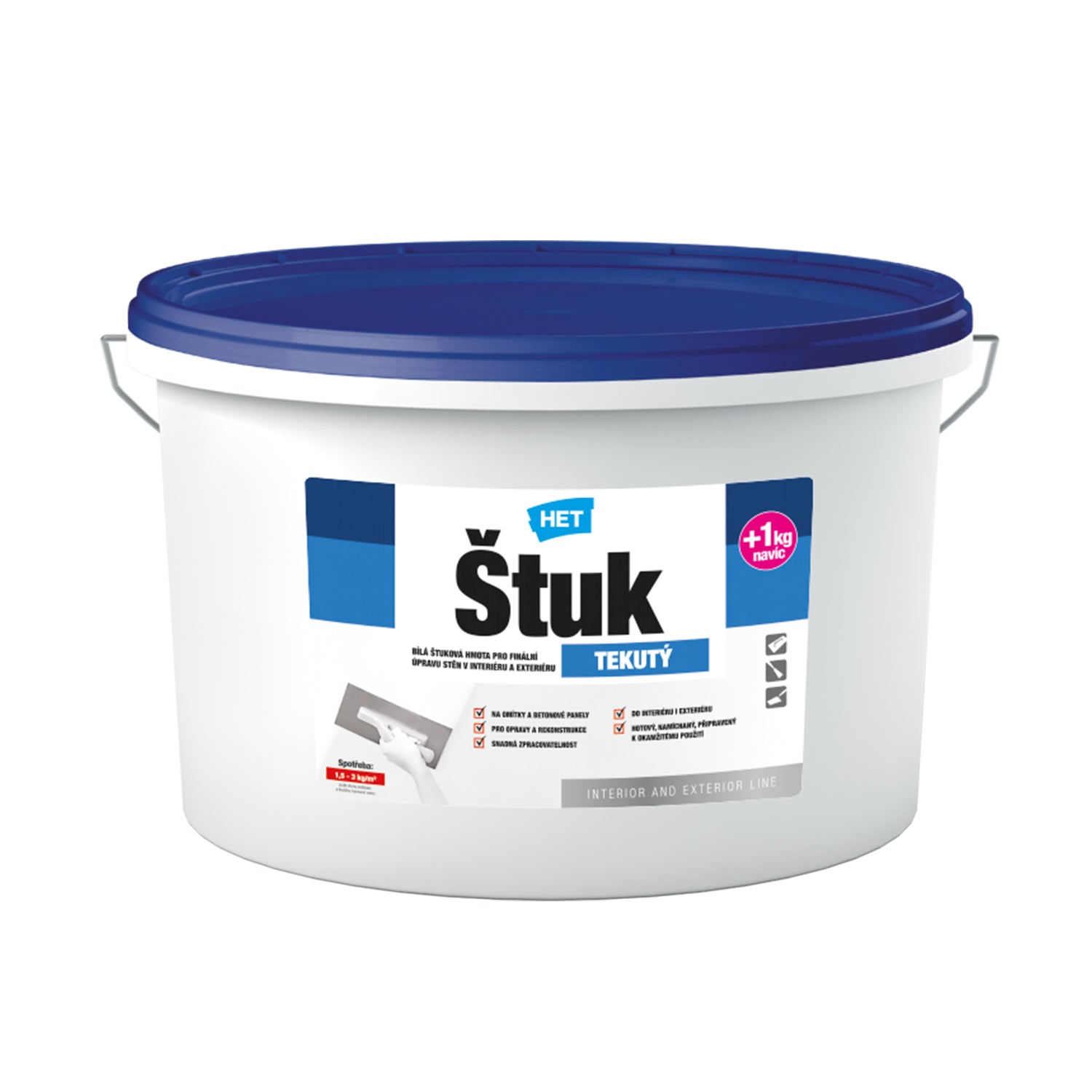 HET ŠTUK TEKUTÝ biela štuková hmota na finálnu úpravu stien v interiéri a exteriéri 14 + 1 kg zdarma