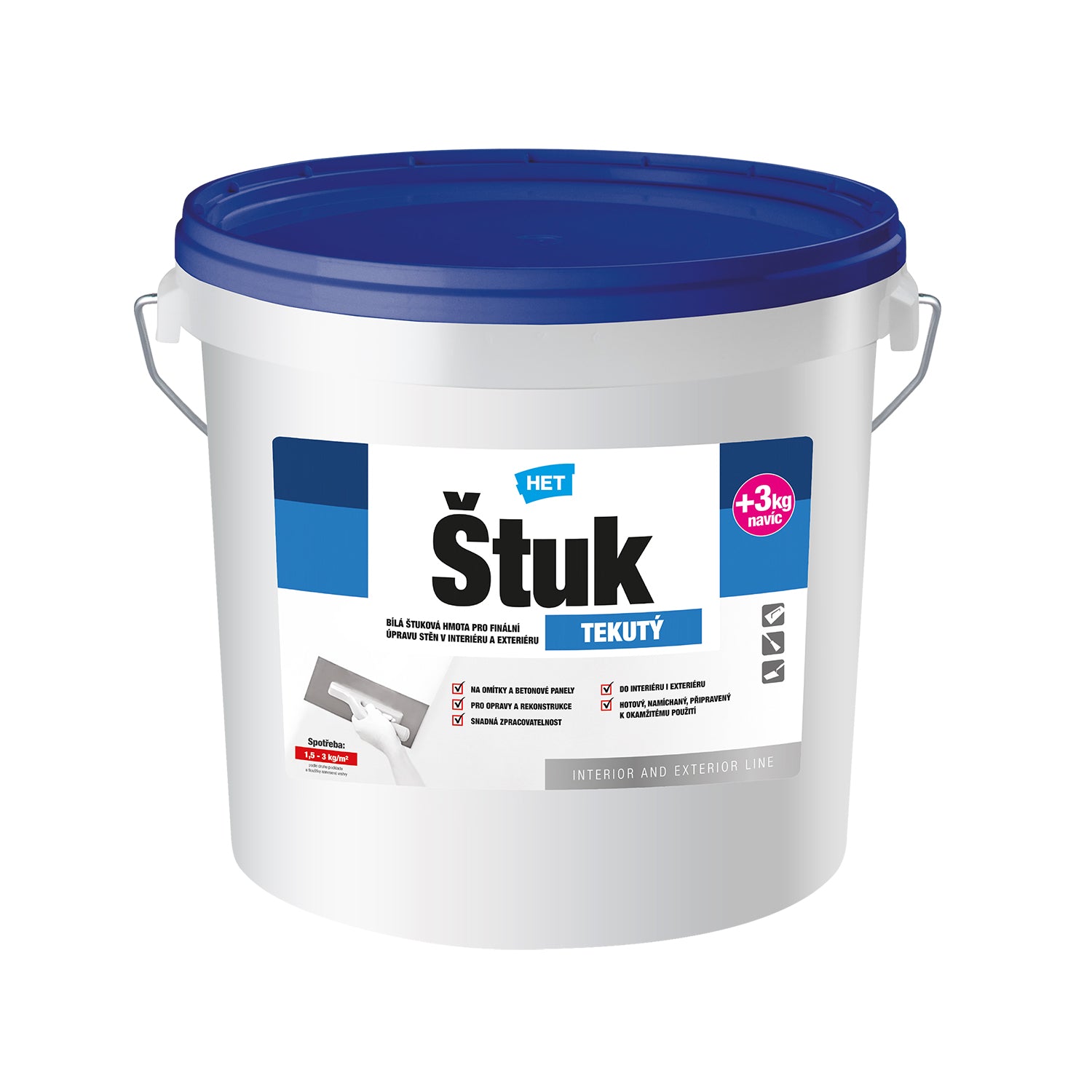 HET ŠTUK TEKUTÝ biela štuková hmota na finálnu úpravu stien v interiéri a exteriéri 30 + 3 kg zdarma