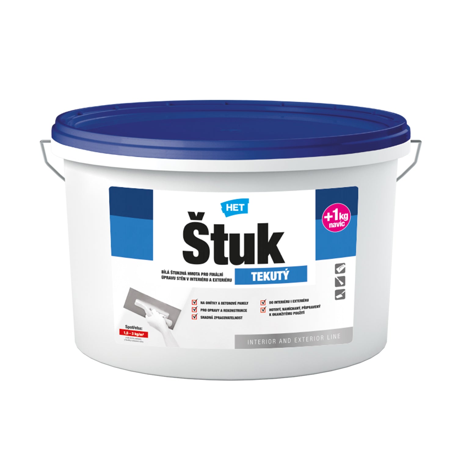 HET ŠTUK TEKUTÝ biela štuková hmota na finálnu úpravu stien v interiéri a exteriéri 7 + 1 kg zdarma