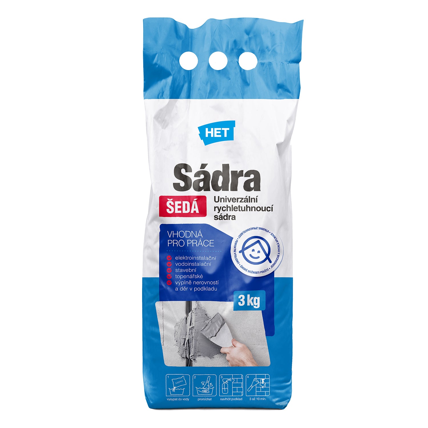 HET Sadra ŠEDÁ Univerzálna rýchlotuhnúca sadra 3 kg