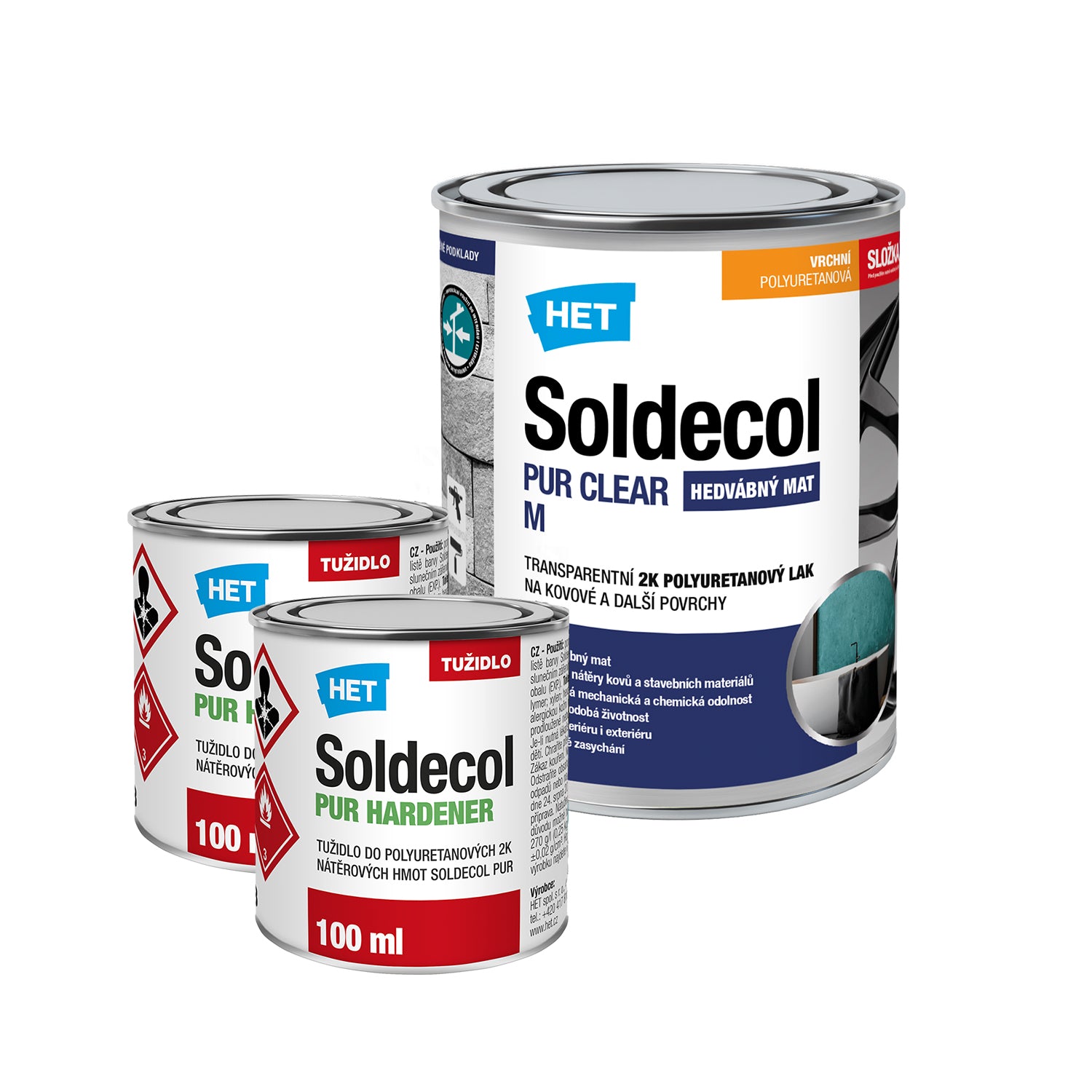 HET Soldecol PUR CLEAR M transparentný 2K polyuretánový matný lak na kovové a nekovové povrchy - 0,85 l (0,65 l lak + 2 x 100 ml tužidlo)