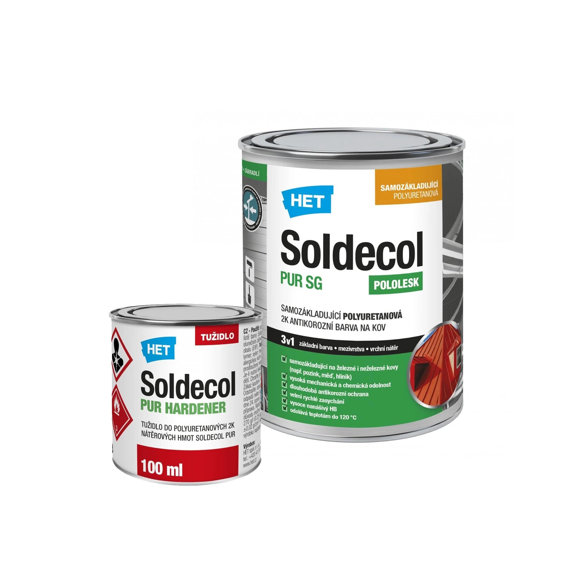 HET SOLDECOL PUR SG - 3v1 Samozakladajúca polyuretánová pololesklá 2K antikorózna farba na kov a tužidlo - 0,85 l (0,75 l + 100 ml tužidlo)
