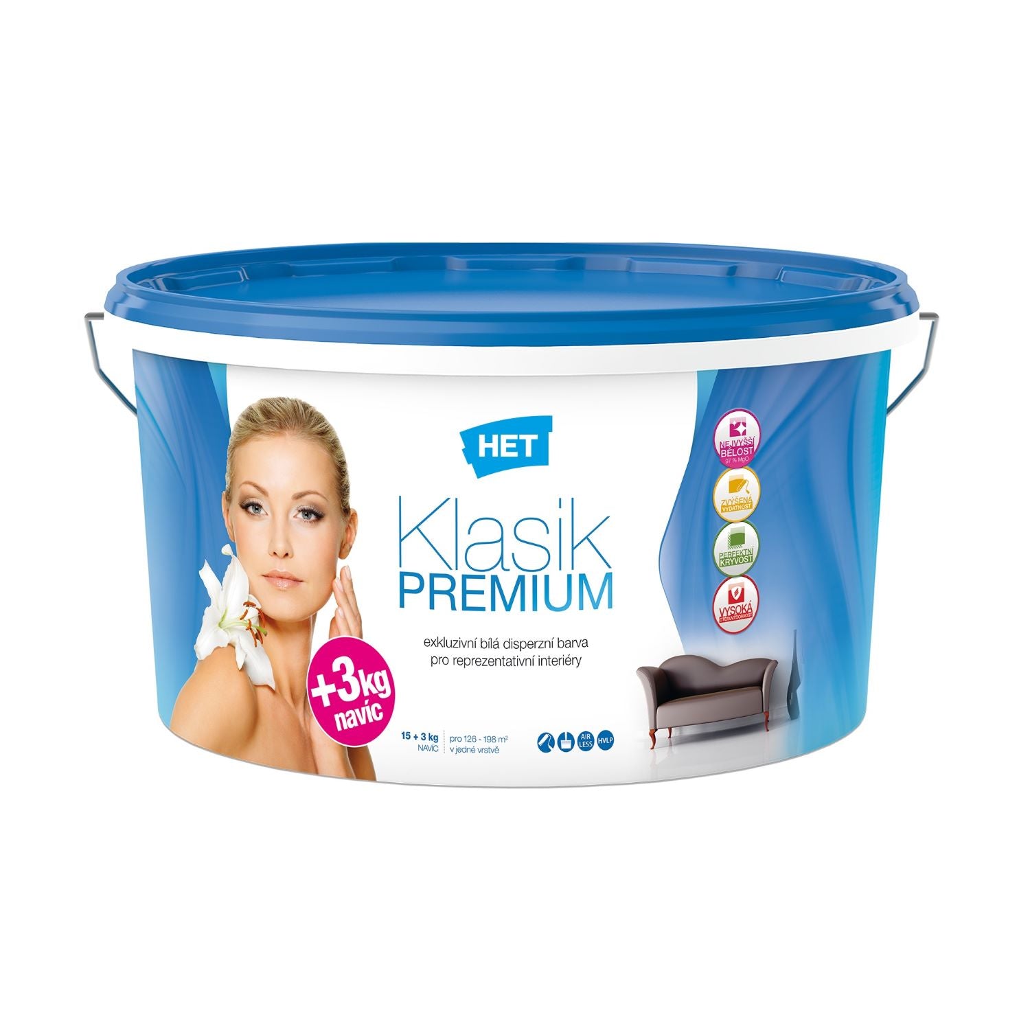 HET Klasik PREMIUM biela interiérová akrylátová farba na stenu 15 kg + 3 kg zdarma