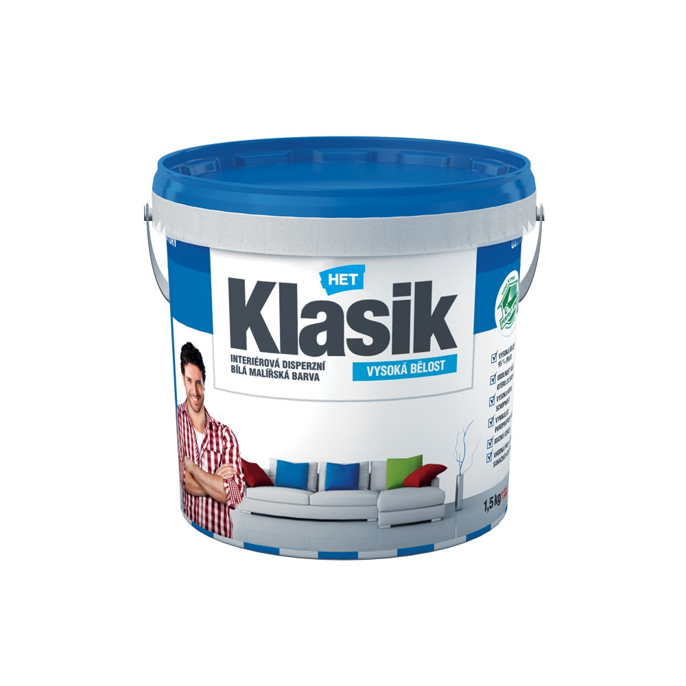 HET Klasik biela interiérová maliarska akrylátová farba na stenu 1,5 kg
