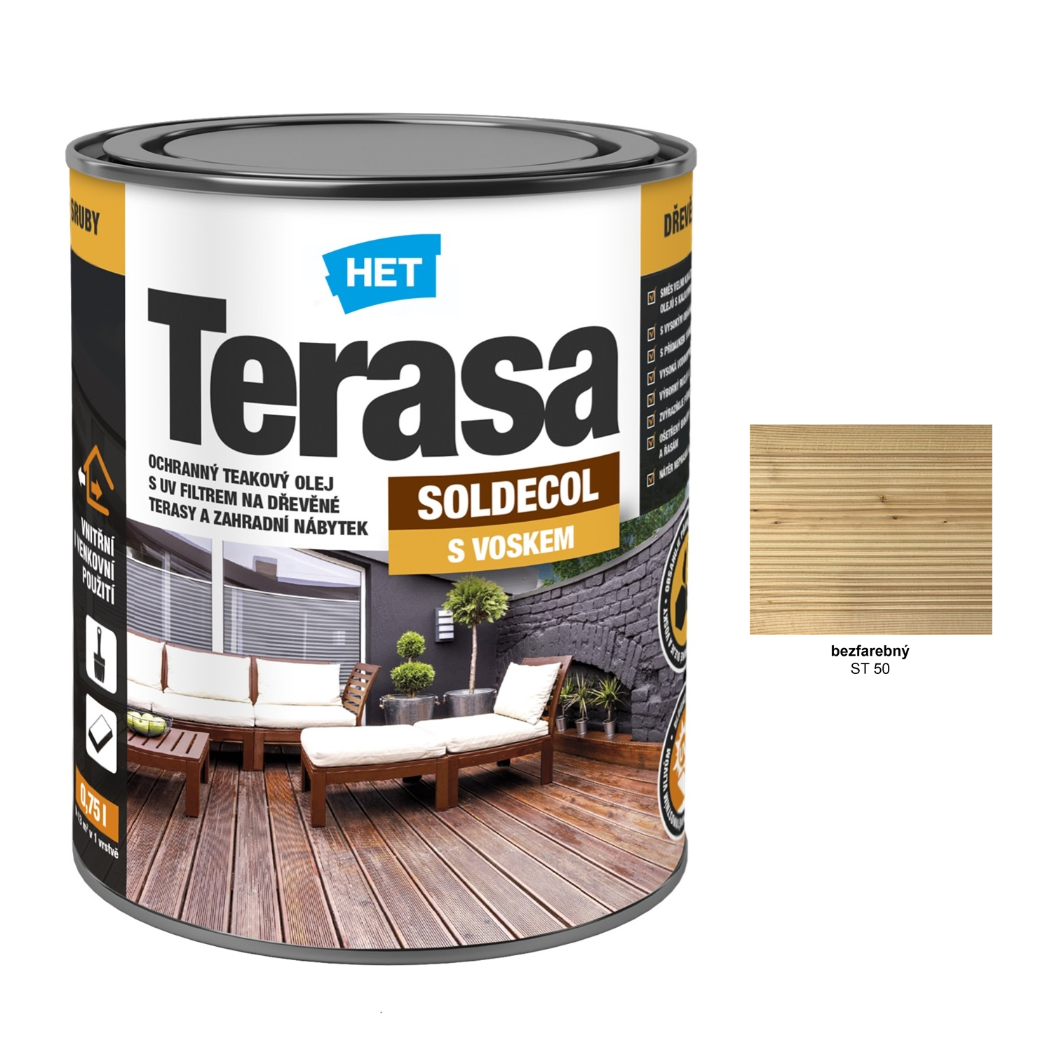 HET SOLDECOL Terasa teakový voskový olej na záhradný nábytok a terasové dosky - bezfarebný