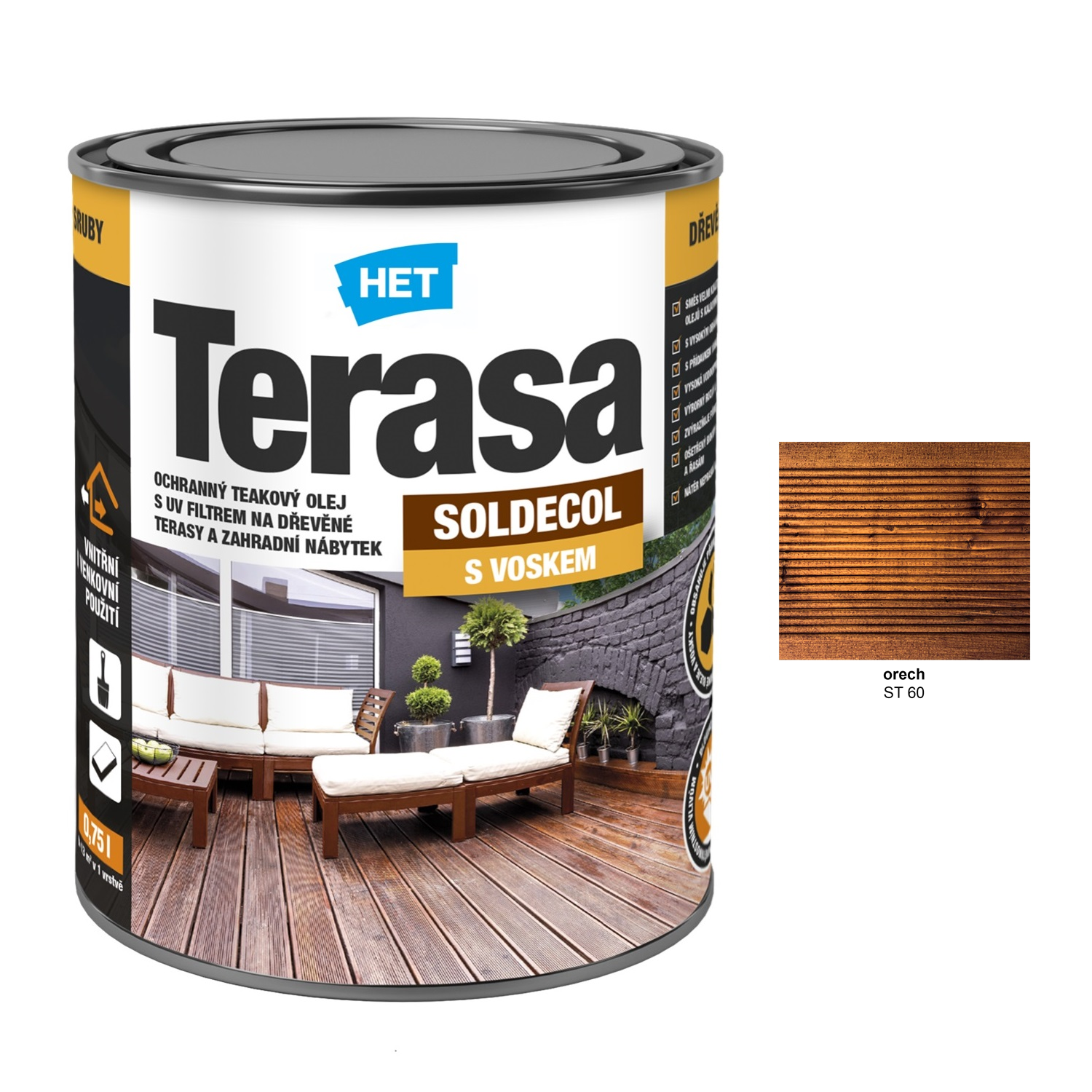 HET SOLDECOL Terasa teakový voskový olej na záhradný nábytok a terasové dosky - orech