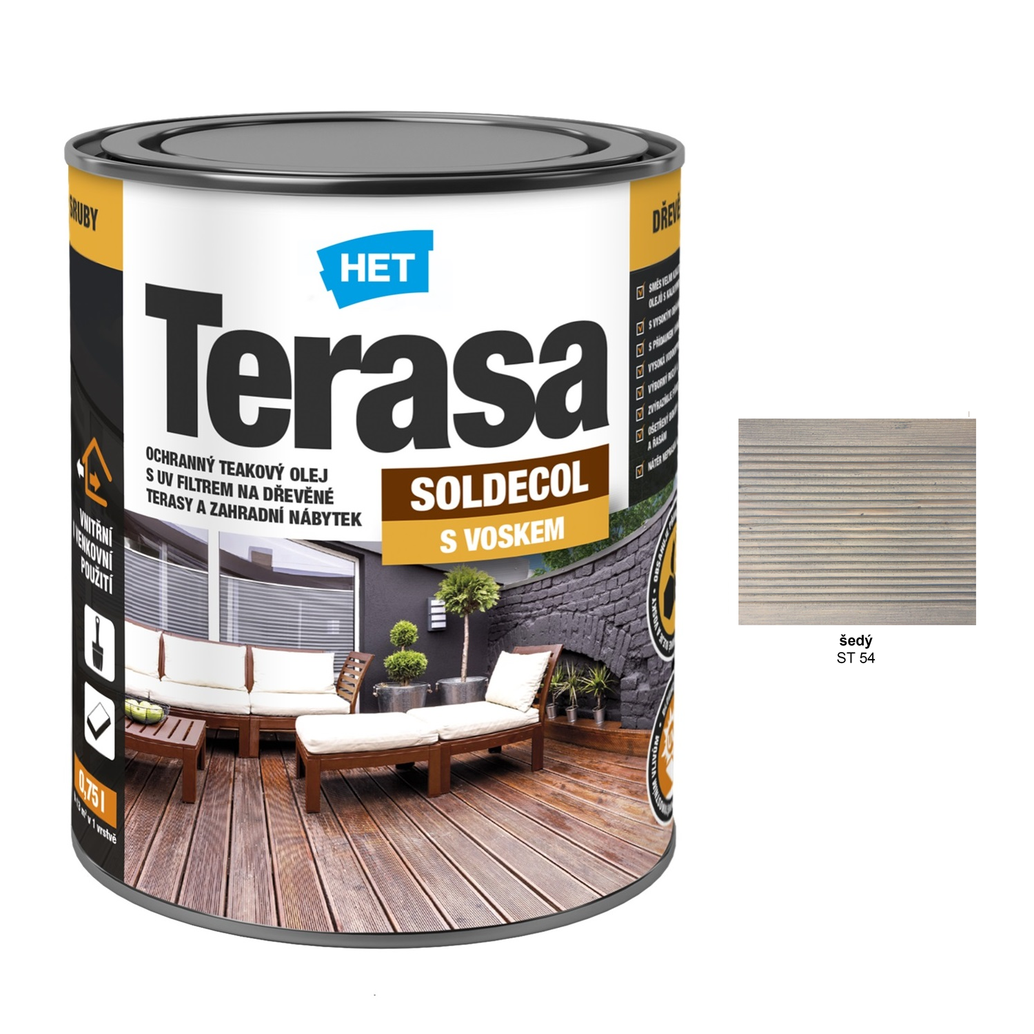 HET SOLDECOL Terasa teakový voskový olej na záhradný nábytok a terasové dosky - šedý