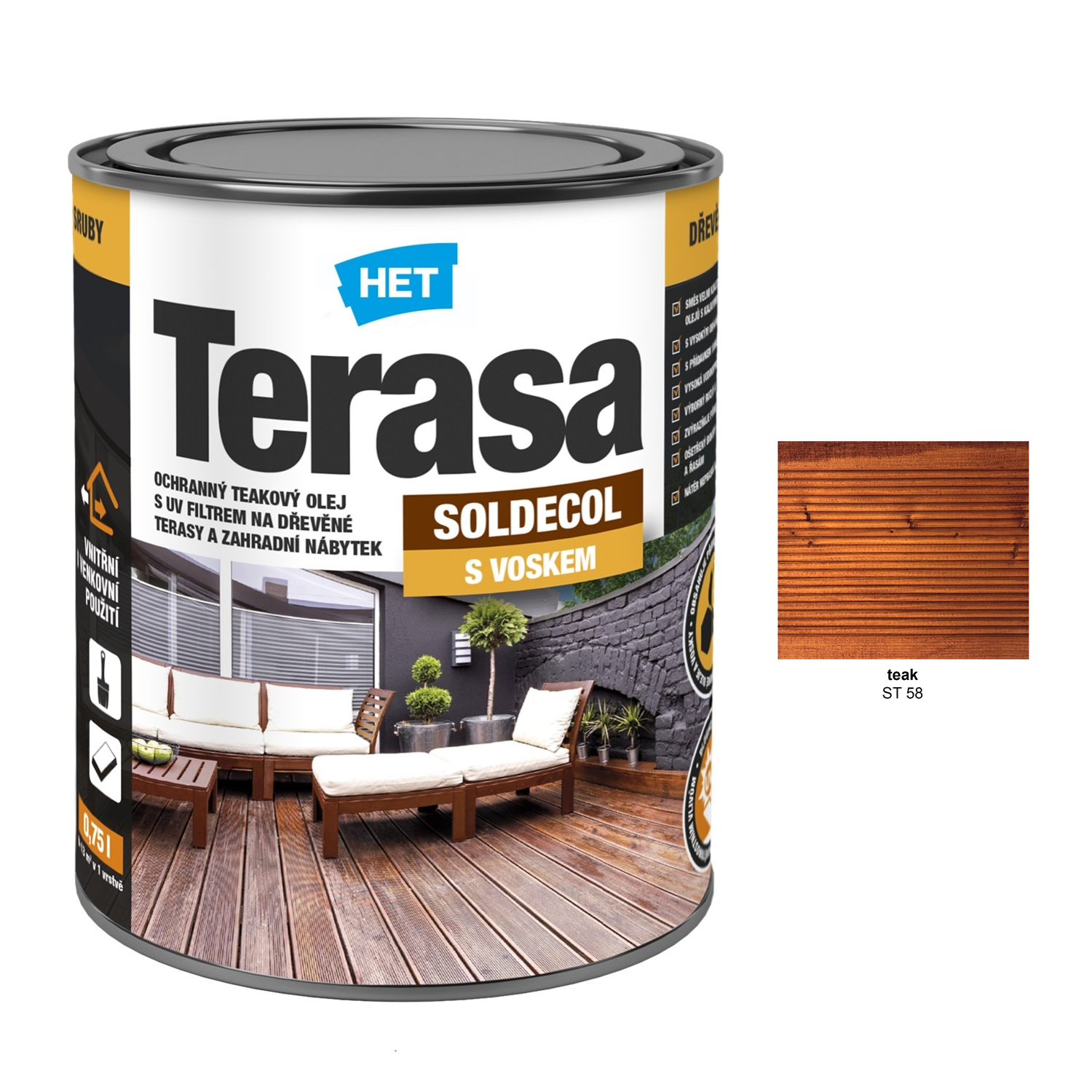 HET SOLDECOL Terasa teakový voskový olej na záhradný nábytok a terasové dosky - teak