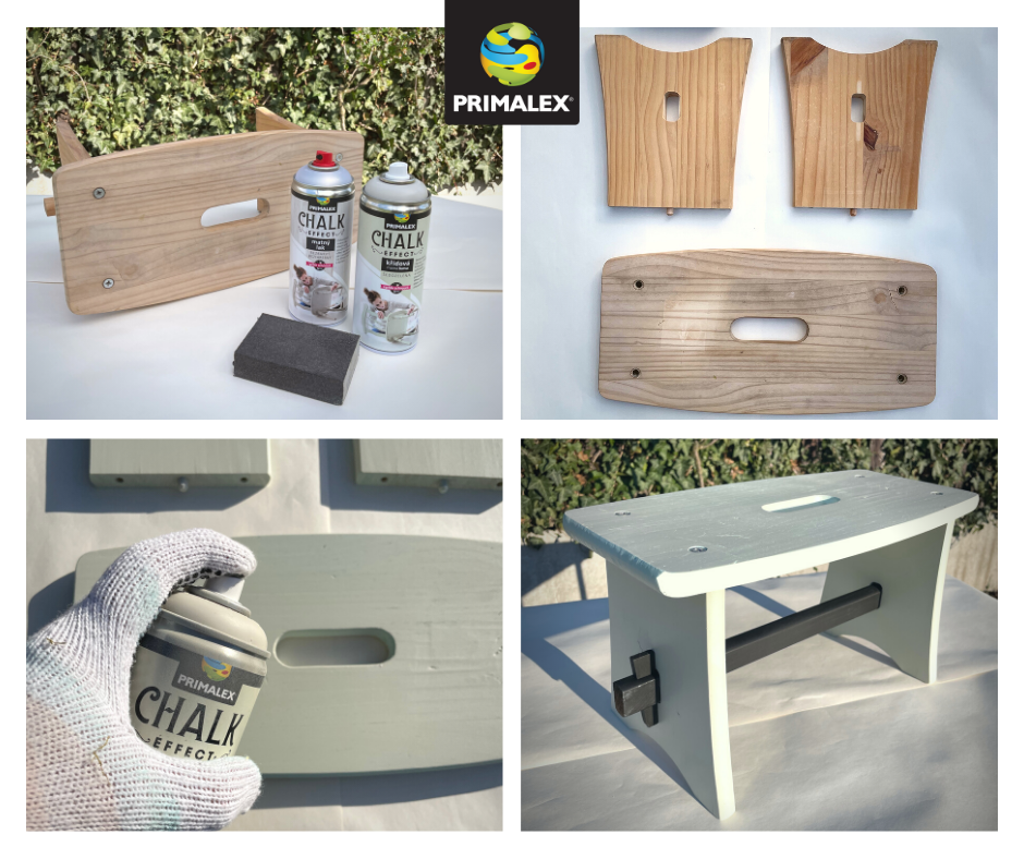 PRIMALEX CHALK EFFECT Rýchloschnúca kriedová matná farba v spreji na nábytok 400 ml_aplikácia pred a po