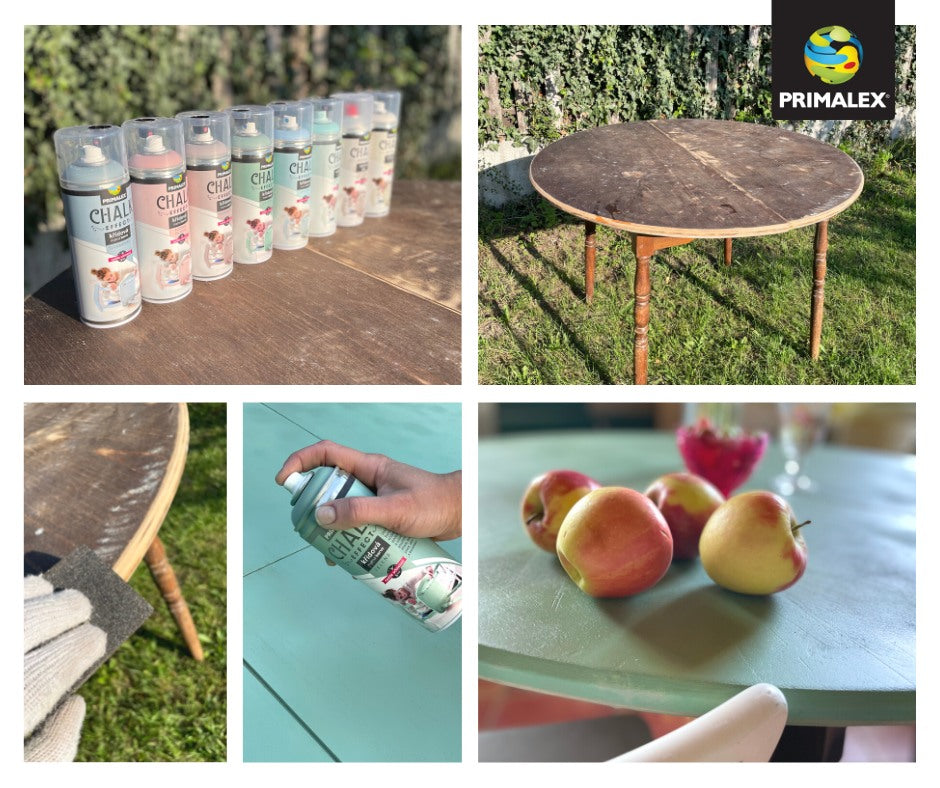 PRIMALEX CHALK EFFECT Rýchloschnúca kriedová matná farba v spreji na nábytok 400 ml_aplikácia pred a po