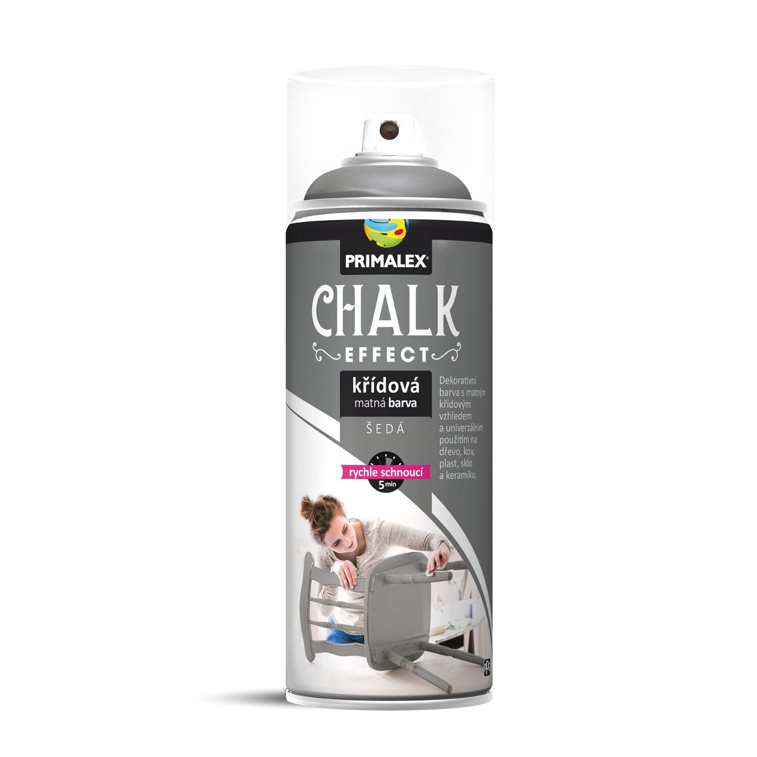 PRIMALEX CHALK EFFECT Rýchloschnúca kriedová matná farba v spreji na nábytok 400 ml_šedá
