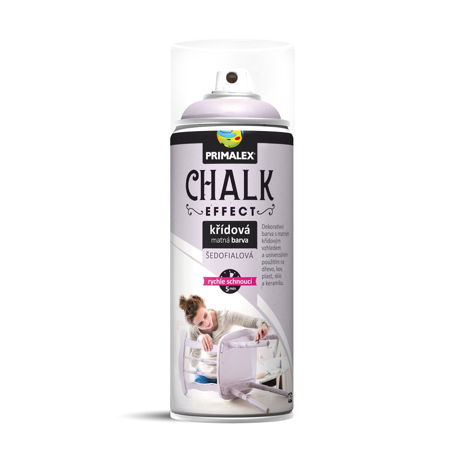 PRIMALEX CHALK EFFECT Rýchloschnúca kriedová matná farba v spreji na nábytok 400 ml_šedofialová