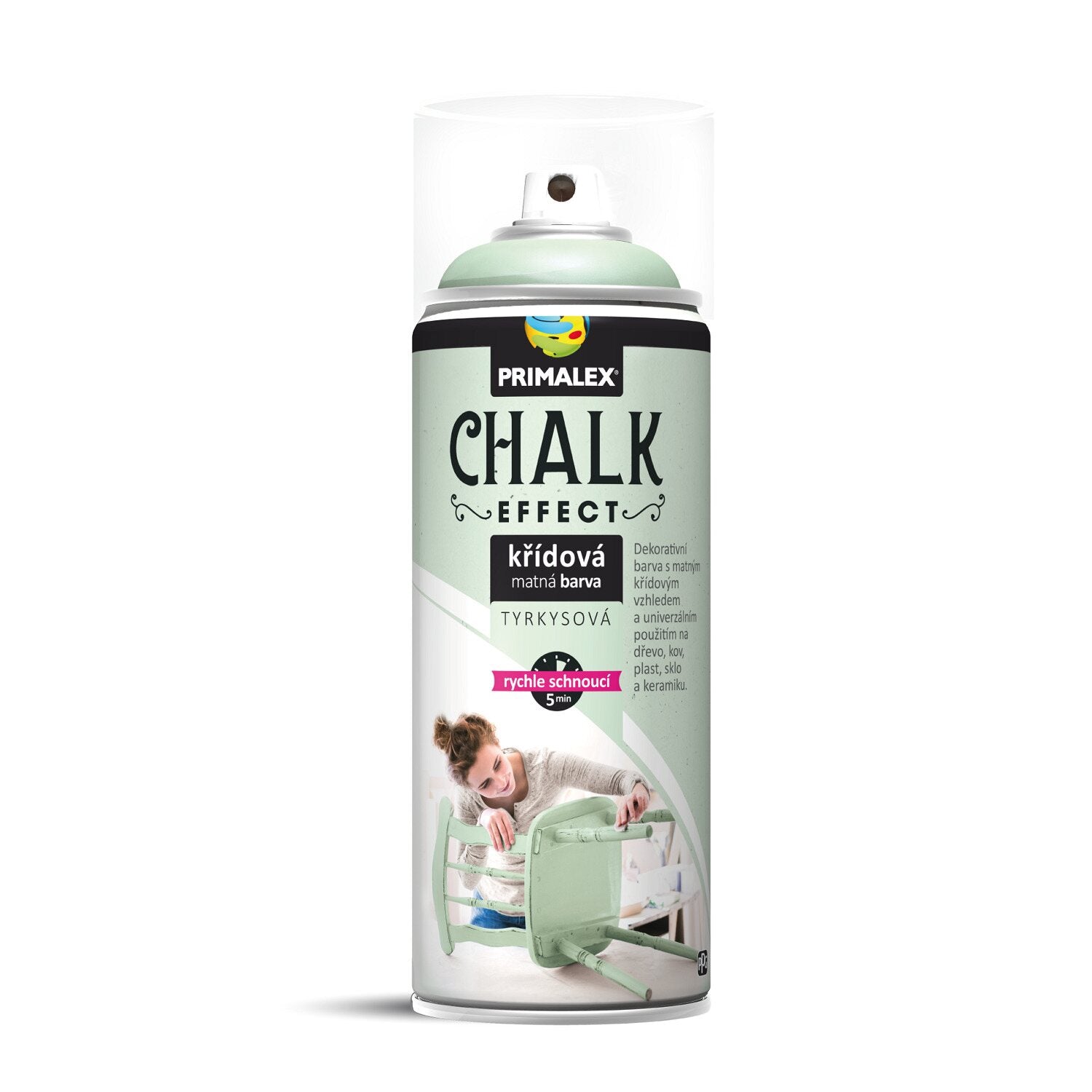 PRIMALEX CHALK EFFECT Rýchloschnúca kriedová matná farba v spreji na nábytok 400 ml_tyrkysová