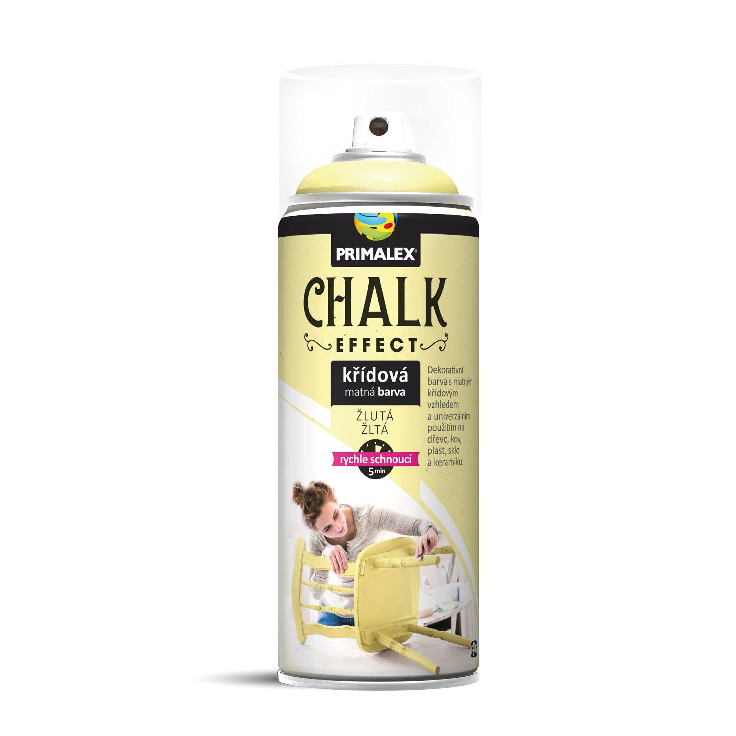 PRIMALEX CHALK EFFECT Rýchloschnúca kriedová matná farba v spreji na nábytok 400 ml_žltá