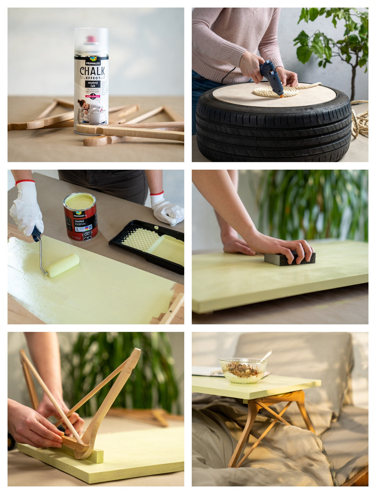 PRIMALEX CHALK EFFECT – DIY taburetka/stolík z pneumatiky s nastriekanou doskou