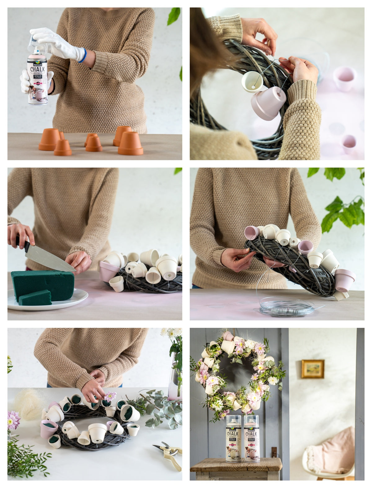 PRIMALEX CHALK EFFECT – kvetinový veniec s nastriekanými kvetináčmi