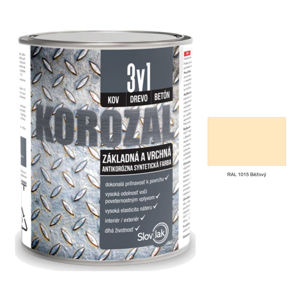 Slovlak KOROZAL 3v1 antikorózna syntetická farba na kov základ a email v jednom - RAL 1015 Béžový