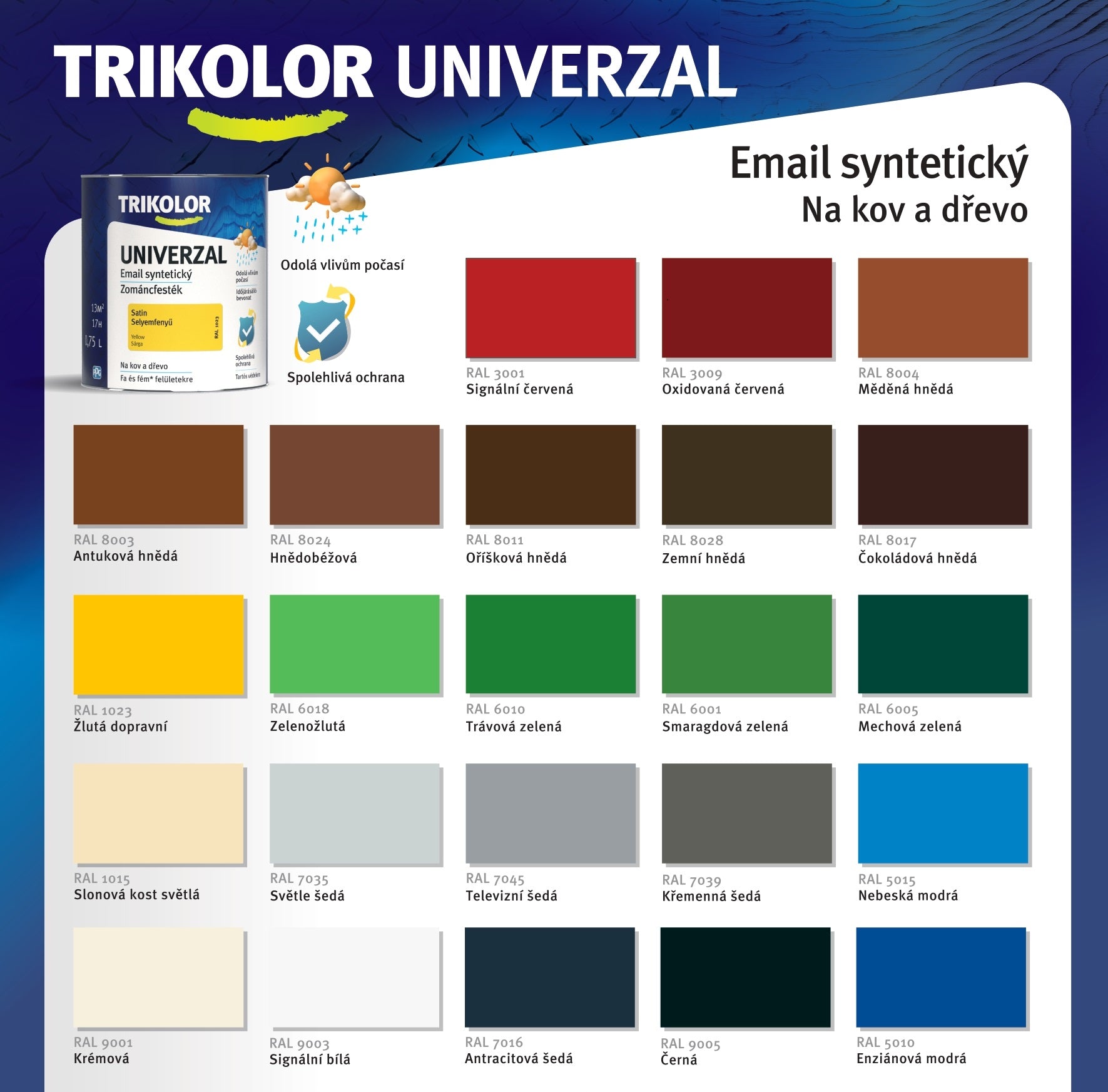 TRIKOLOR UNIVERZAL Email univerzálna vrchná syntetická farba na kov a drevo