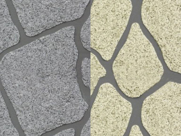 Weber šablóna kameň vzhľad povrchu po aplikácii - granit vľavo a sandstone vpravo