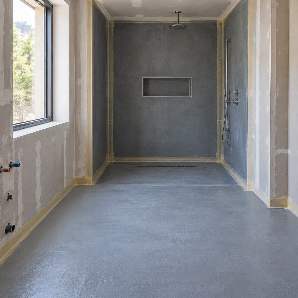Kúpeľňa s dokončenou hydroizoláciou podlahy a sprchy pred obkladaním