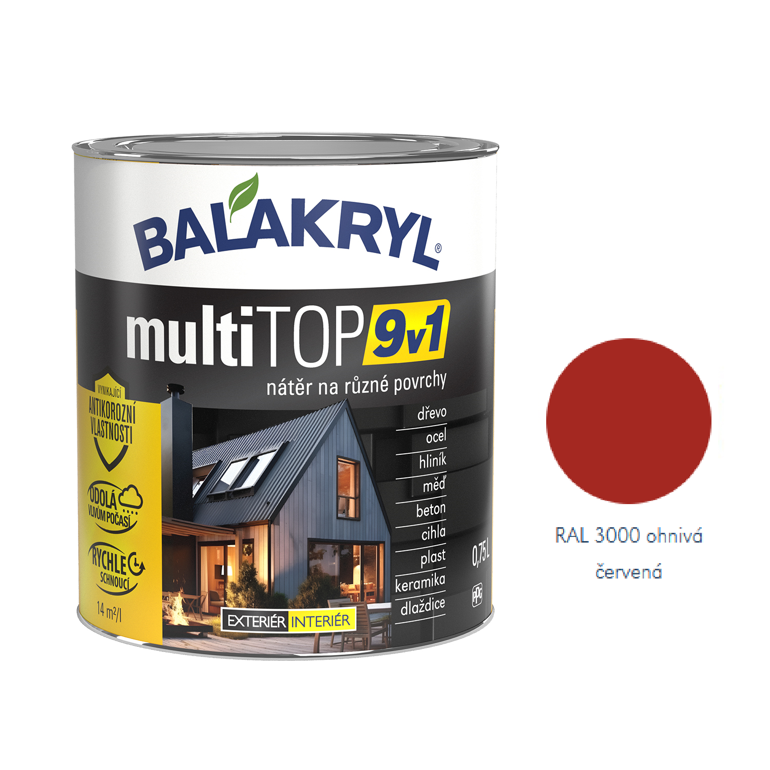 BALAKRYL multiTOP 9v1 rýchloschnúca antikorózna farba pre rôzne povrchy - ohnivá červená
