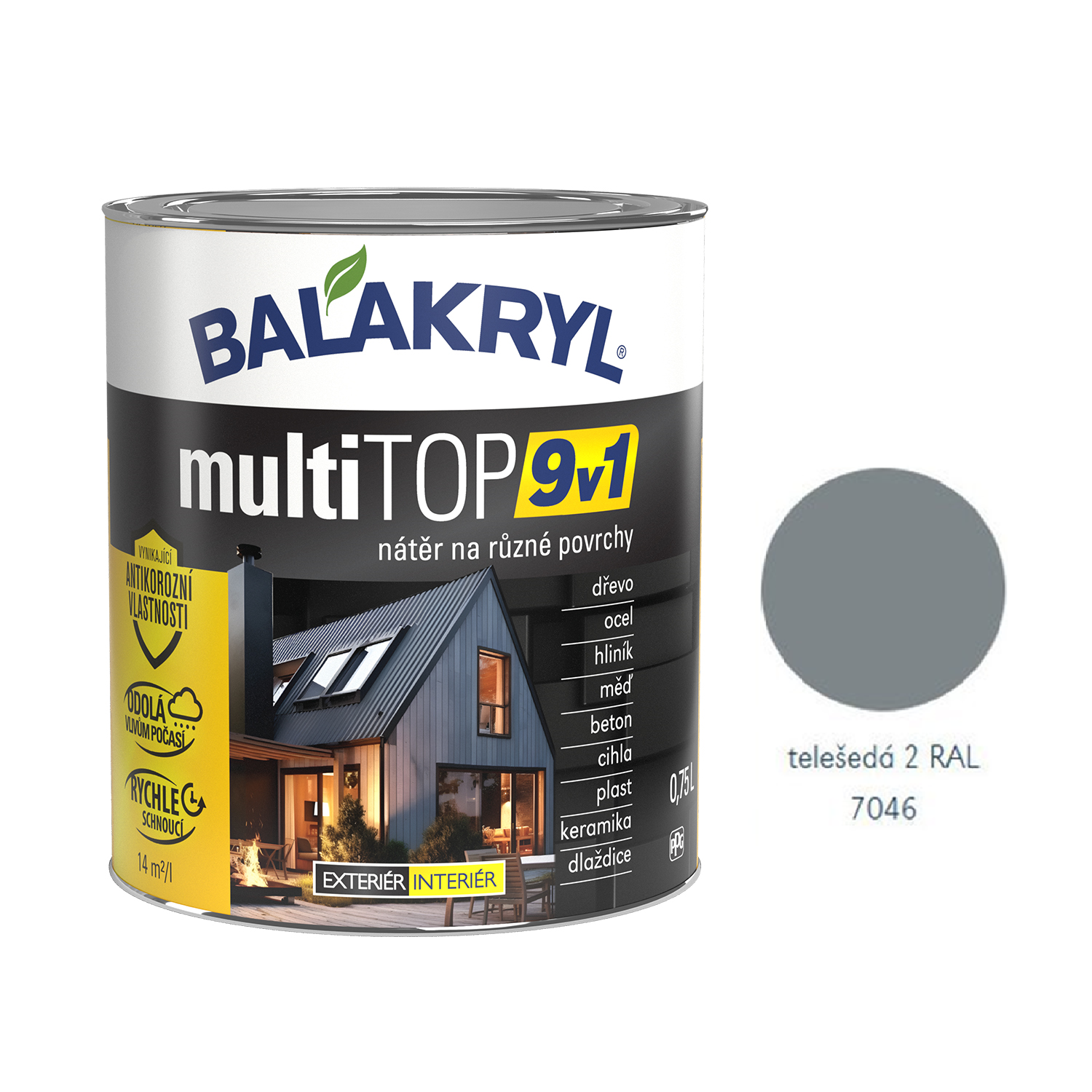 BALAKRYL multiTOP 9v1 rýchloschnúca antikorózna farba pre rôzne povrchy - telešedá 2