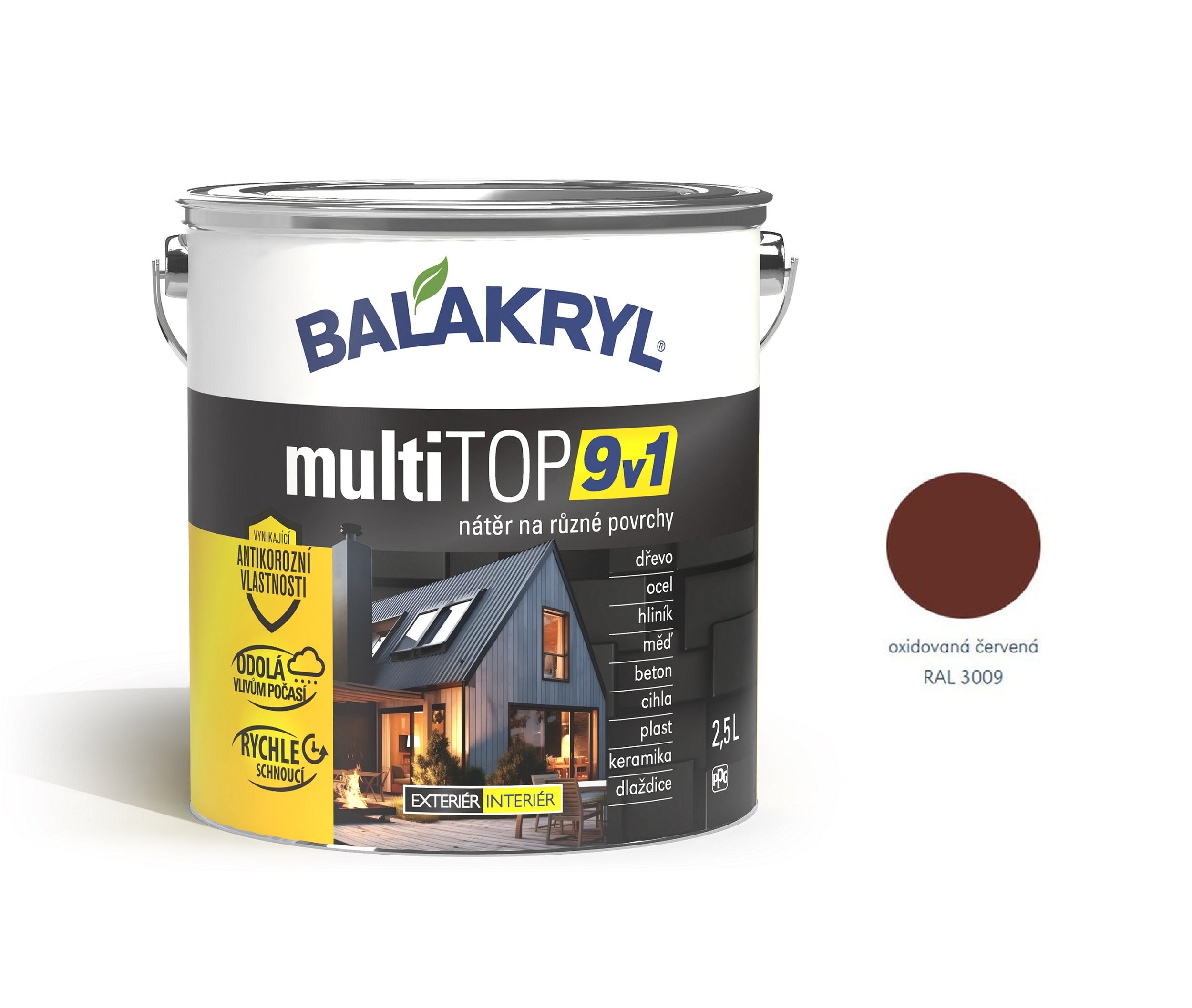 BALAKRYL multiTOP 9v1 rýchloschnúca antikorózna farba pre rôzne povrchy ohnivá červená 2,5 l
