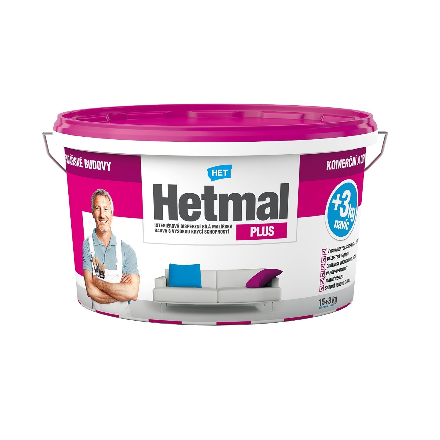 HET Hetmal PLUS interiérová akrylátová biela farba s vysokou krycou schopnosťou 15 kg + 3 kg zdarma
