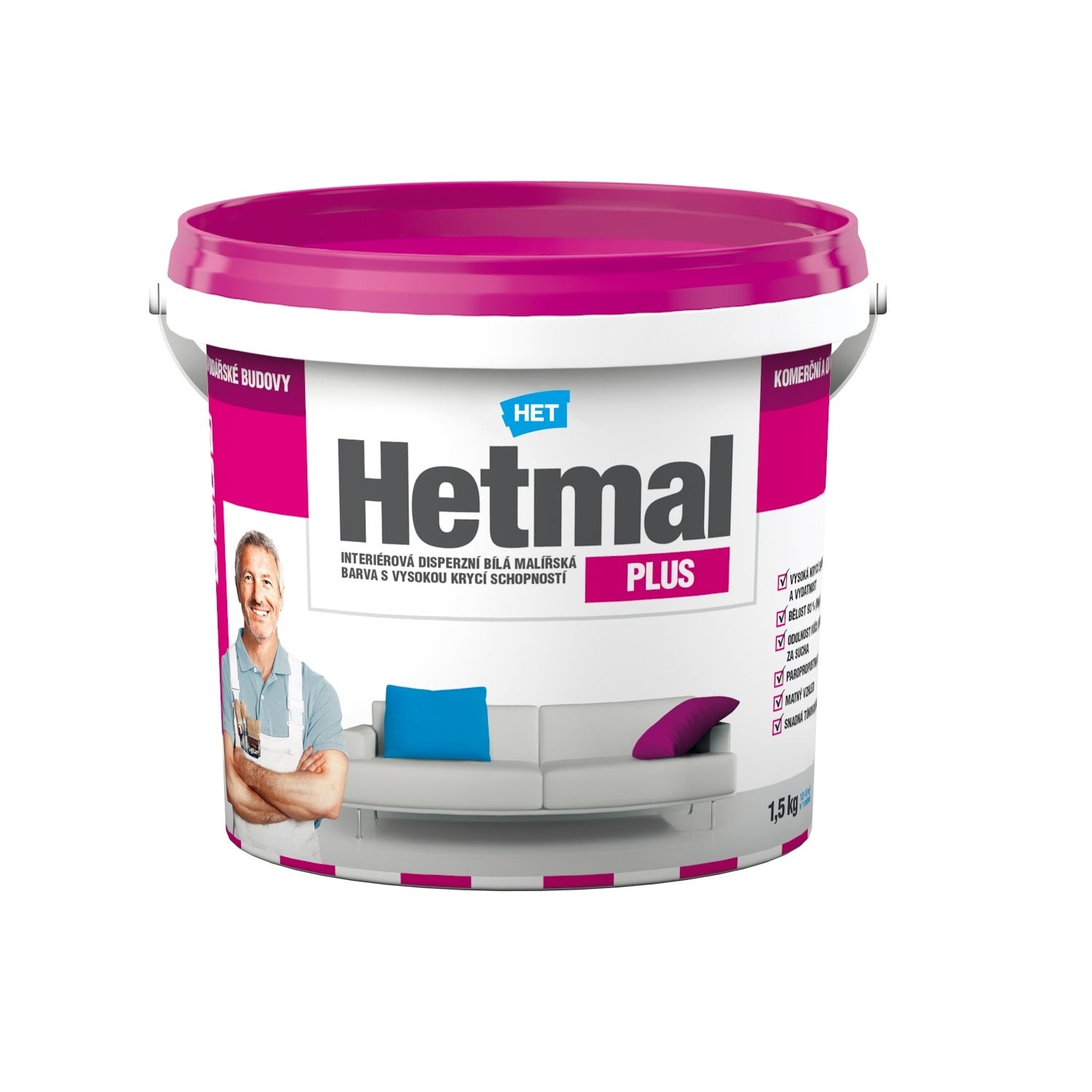 HET Hetmal PLUS interiérová akrylátová biela farba s vysokou krycou schopnosťou 1,5 kg